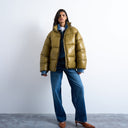Topshop high shine mid length funnel neck puffer jacket in khaki
