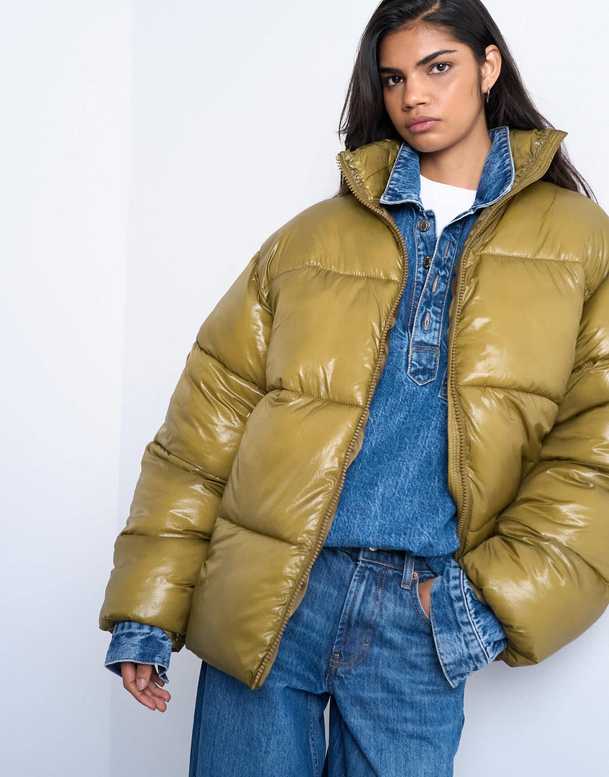 Topshop high shine mid length funnel neck puffer jacket in khaki