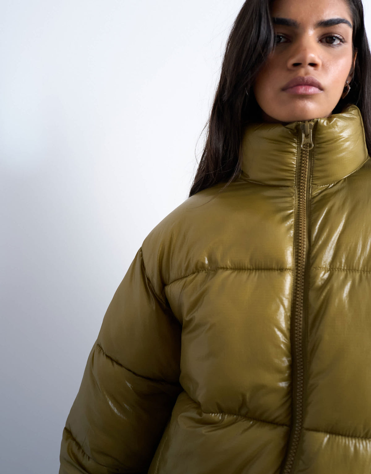 Topshop high shine mid length funnel neck puffer jacket in khaki