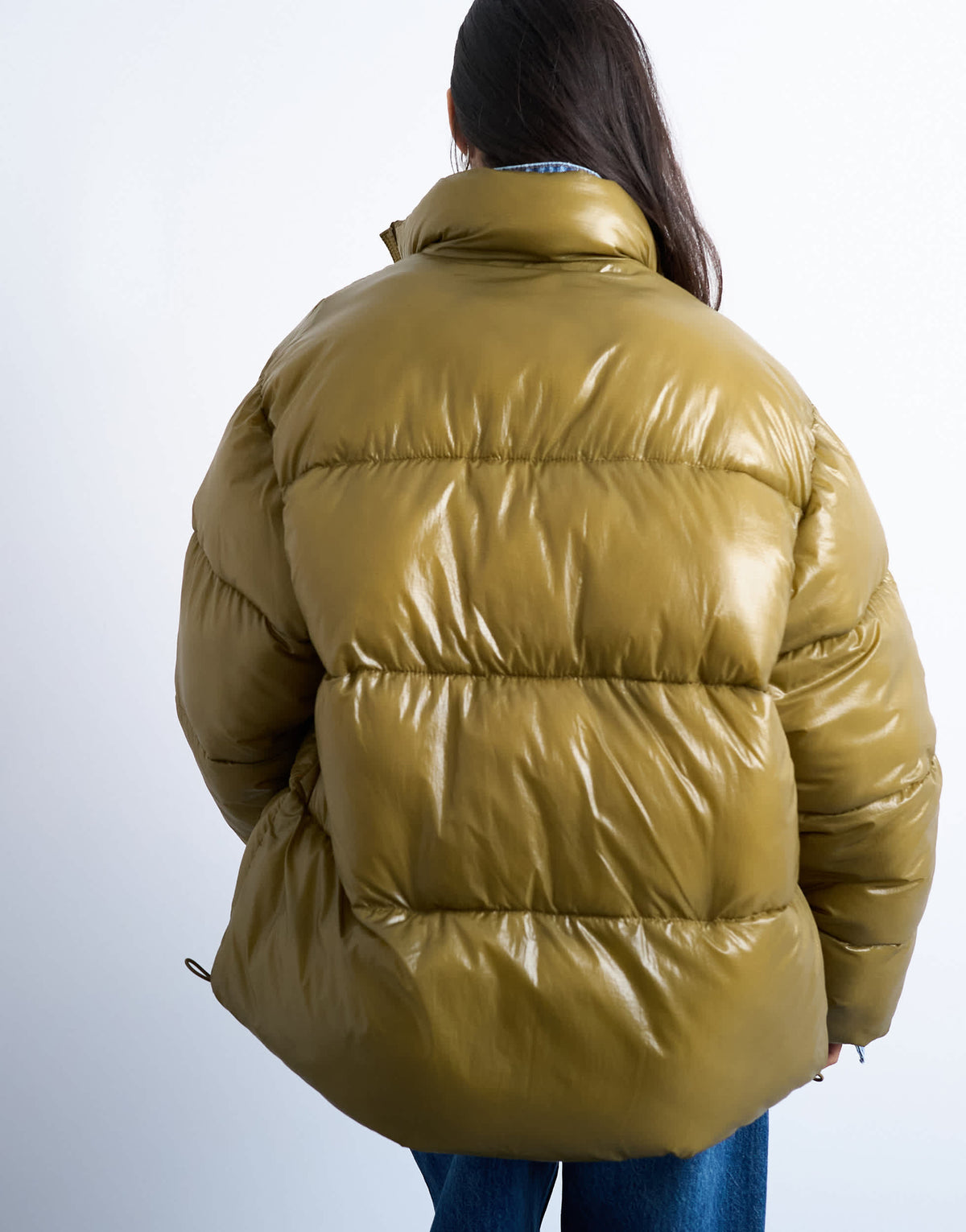Topshop high shine mid length funnel neck puffer jacket in khaki