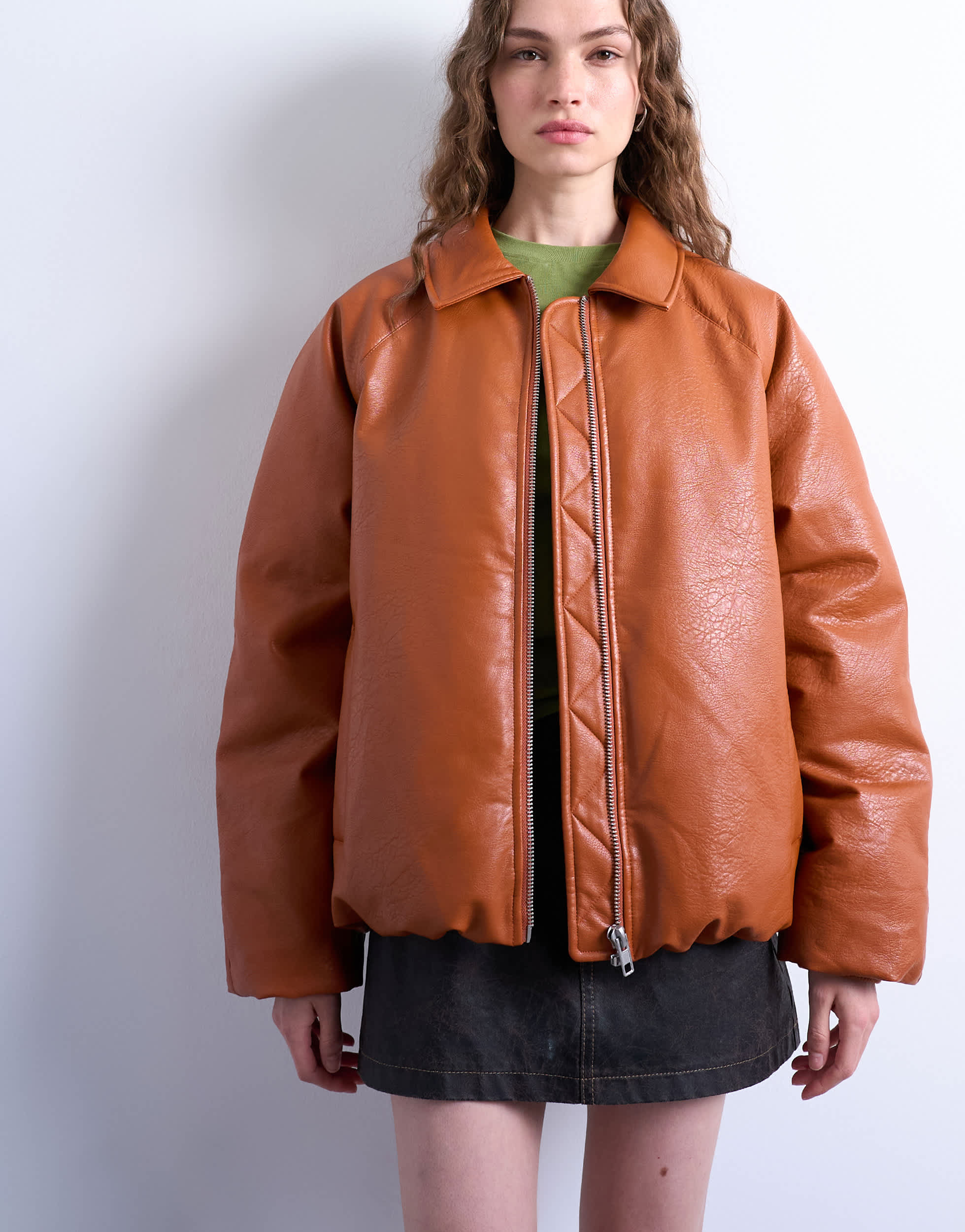 Topshop faux leather padded puffer jacket in burnt orange
