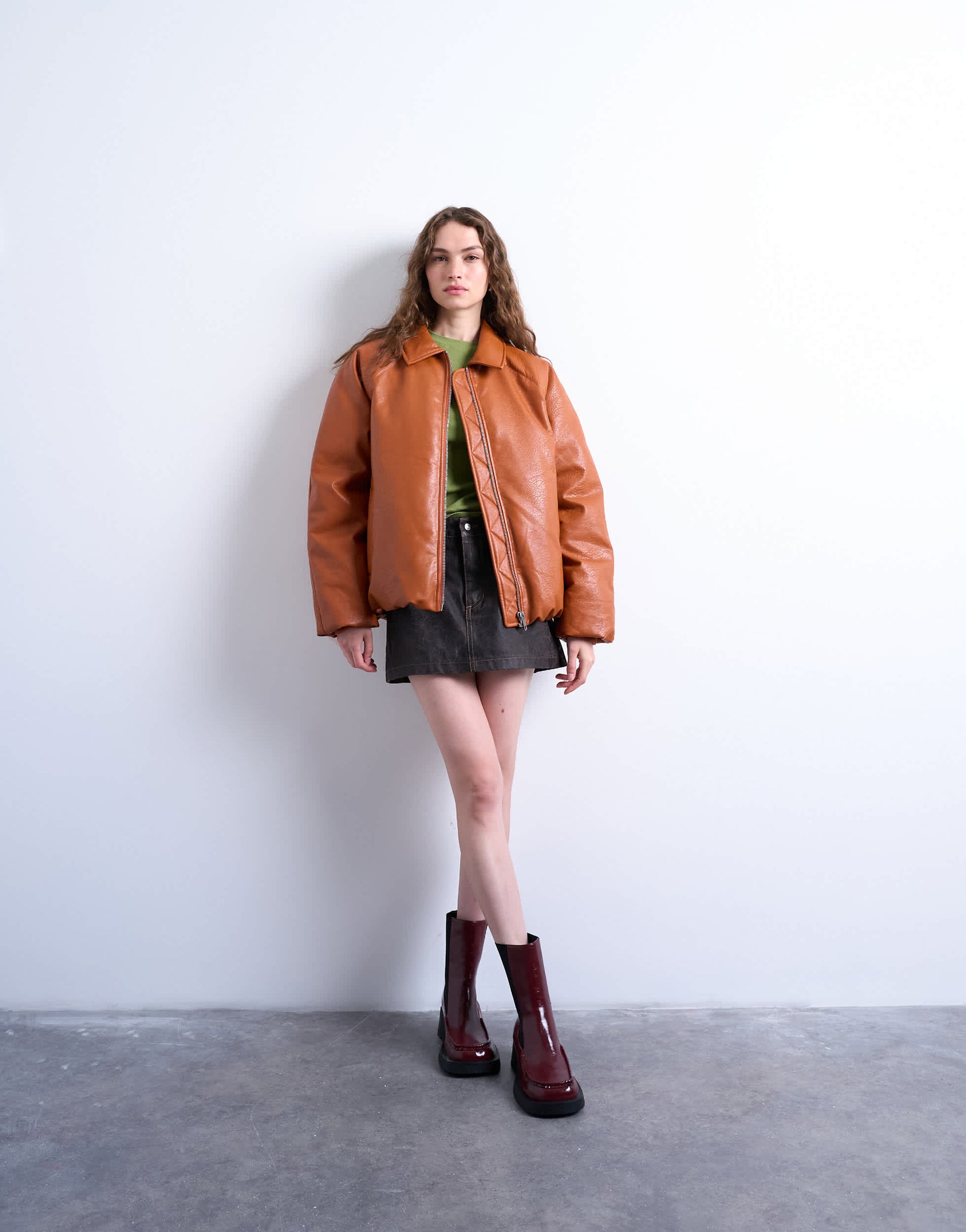 Topshop faux leather padded puffer jacket in burnt orange