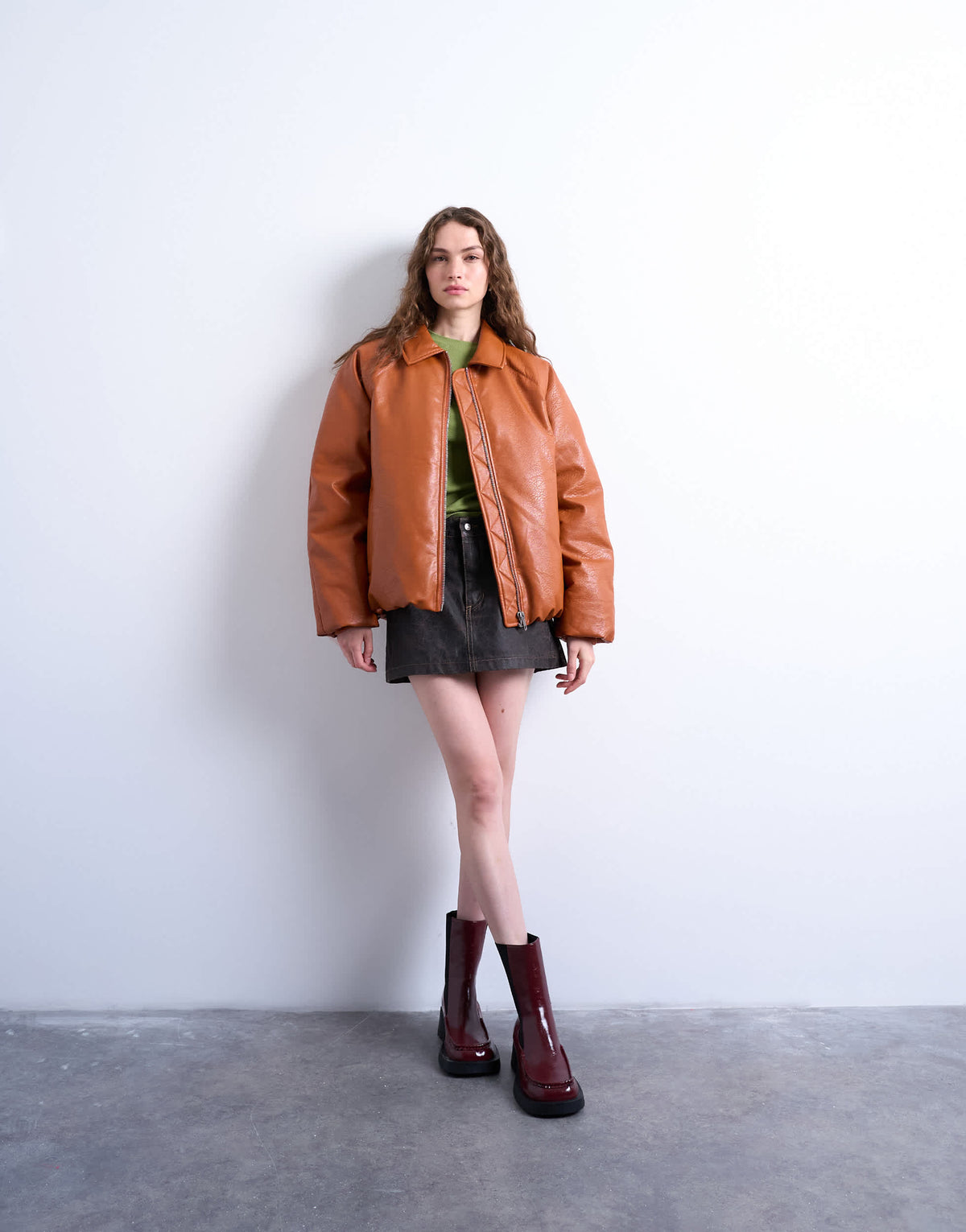 Topshop faux leather padded puffer jacket in burnt orange