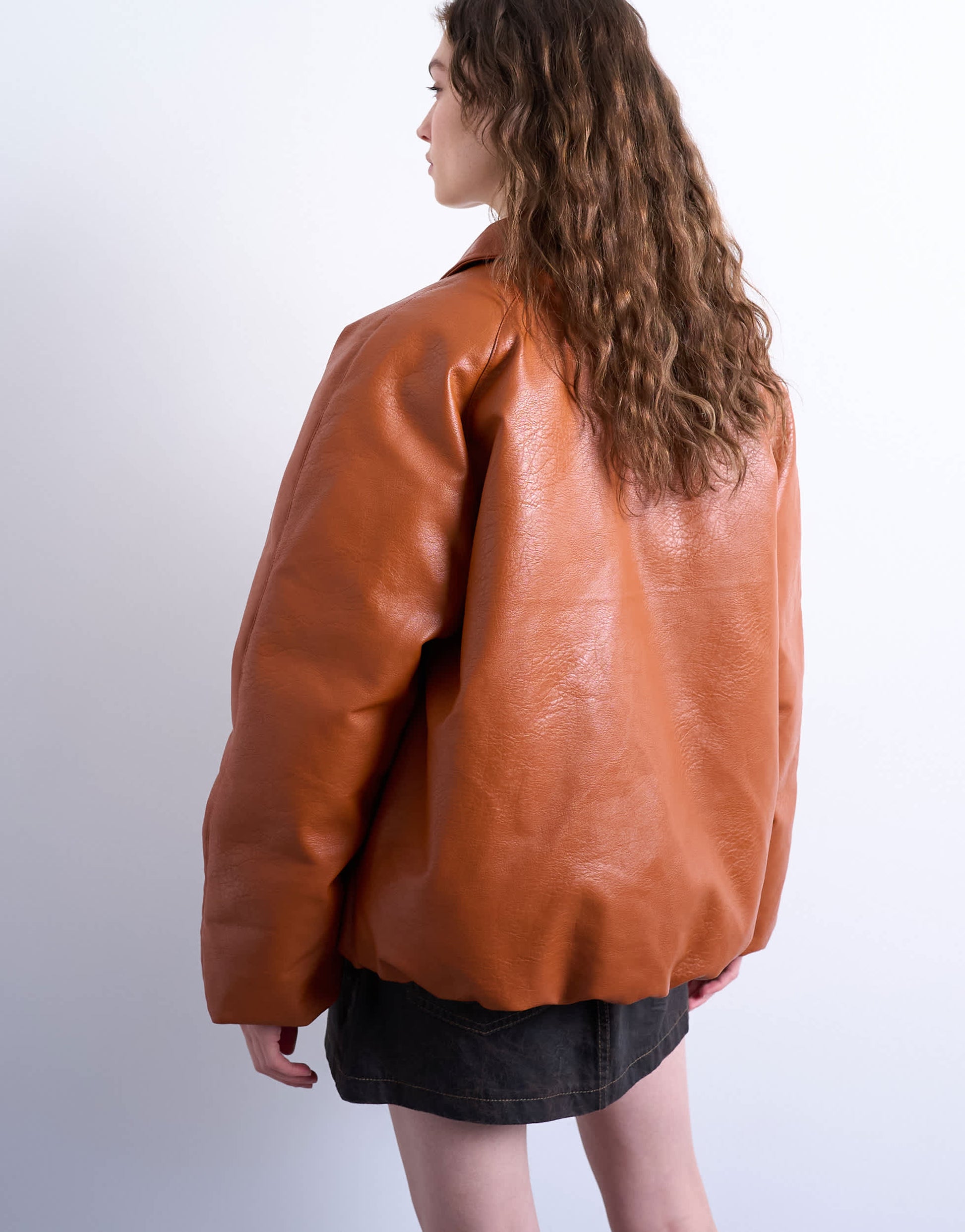 Topshop faux leather padded puffer jacket in burnt orange