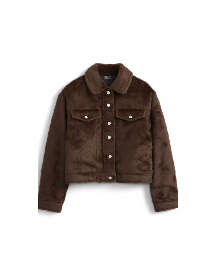 Topshop faux fur western trucker jacket in brown