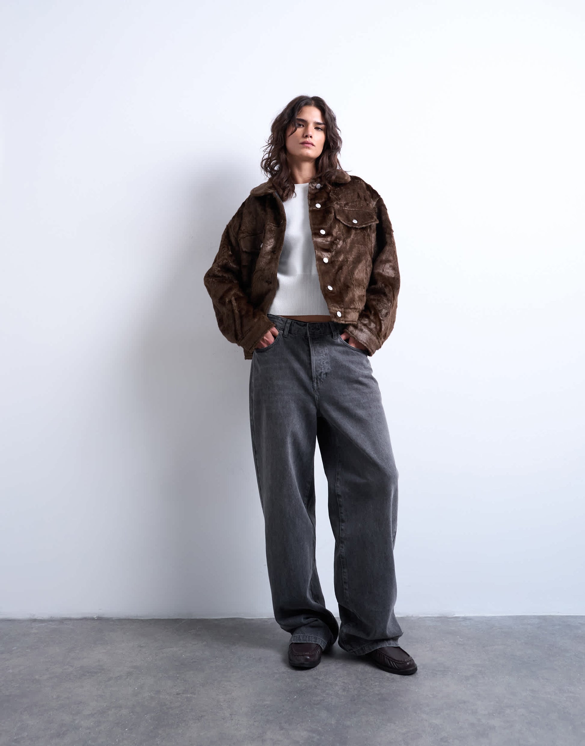 Topshop faux fur western trucker jacket in brown