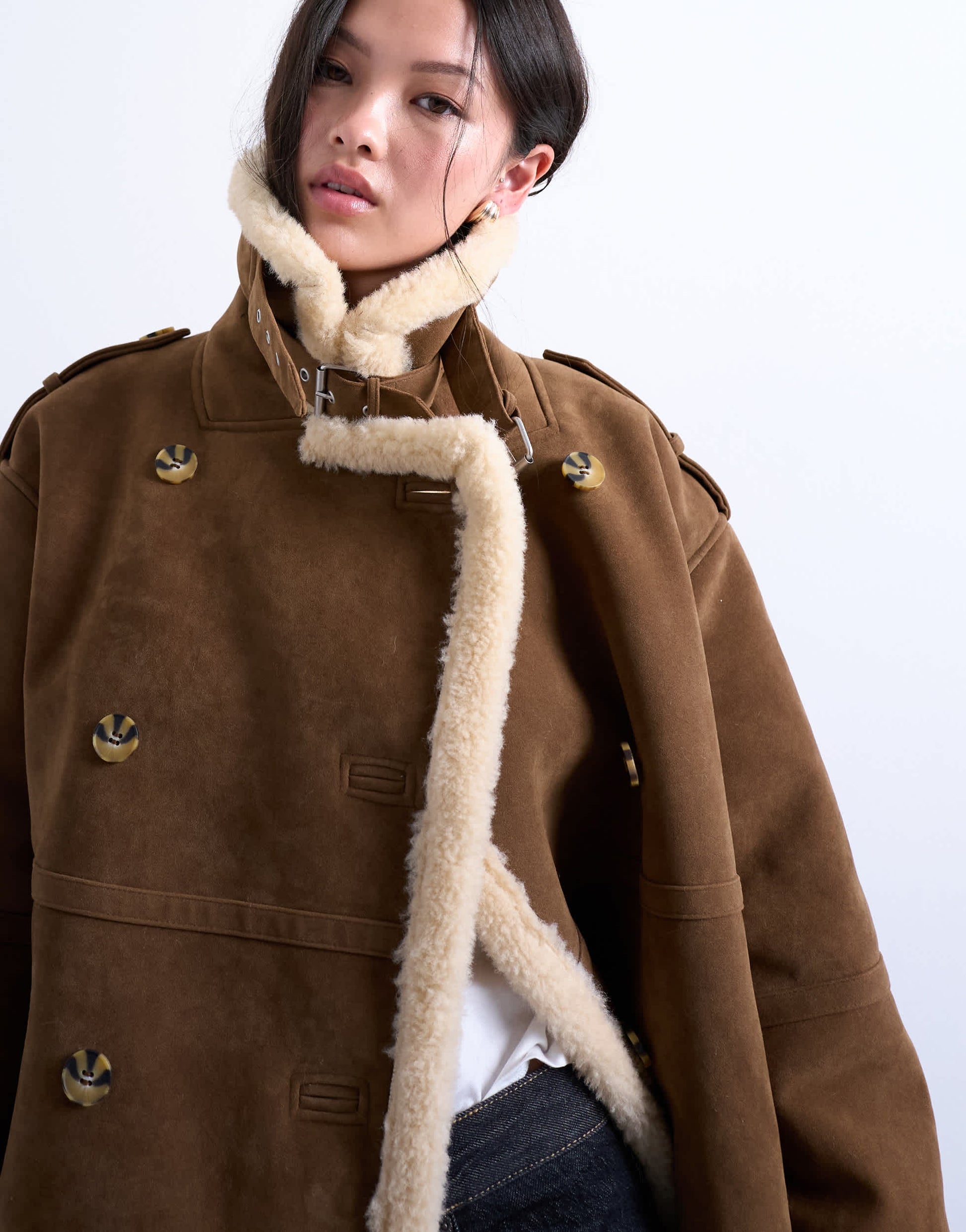 Topshop longline funnel aviator shearling in tan and cream