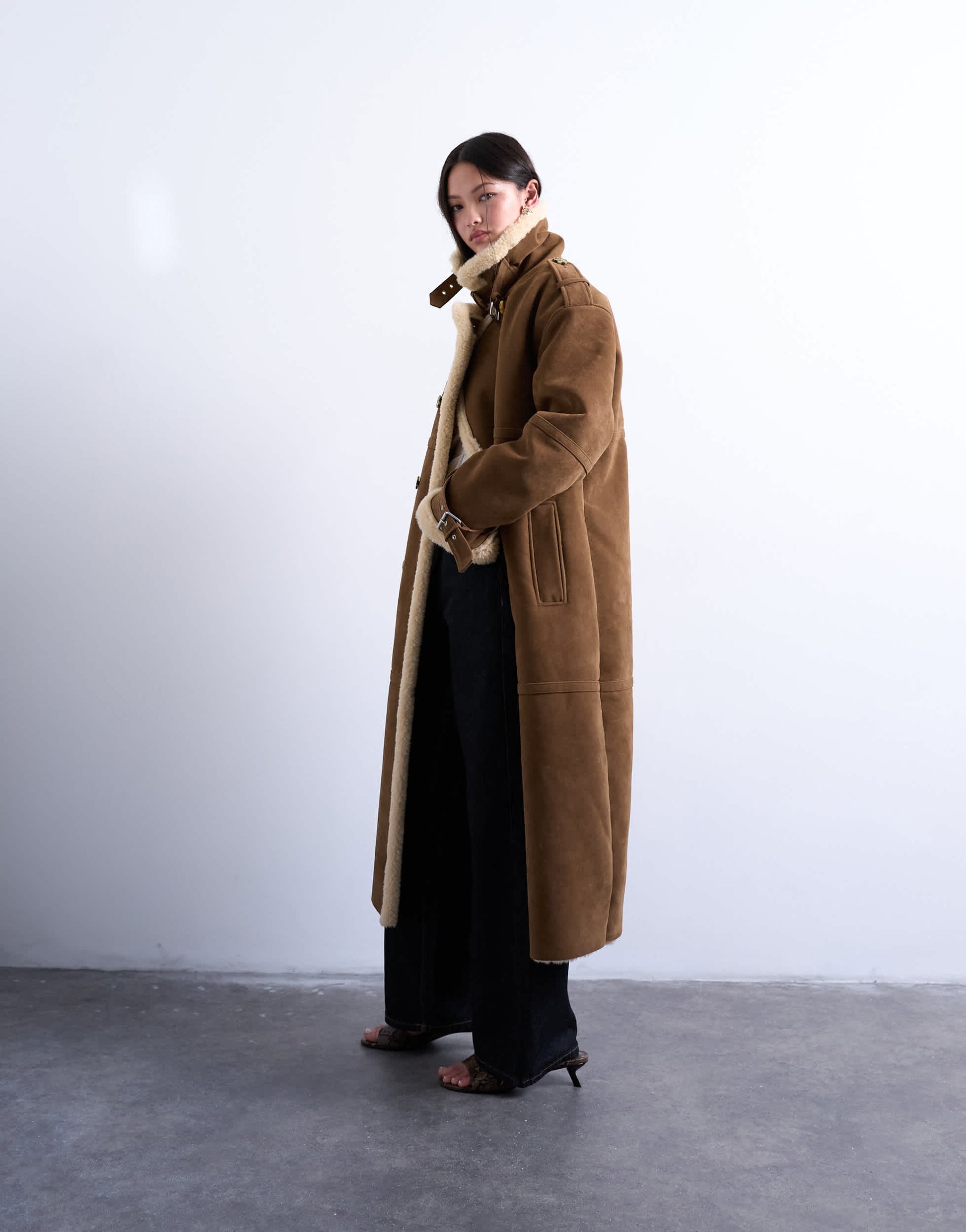 Topshop longline funnel aviator shearling in tan and cream