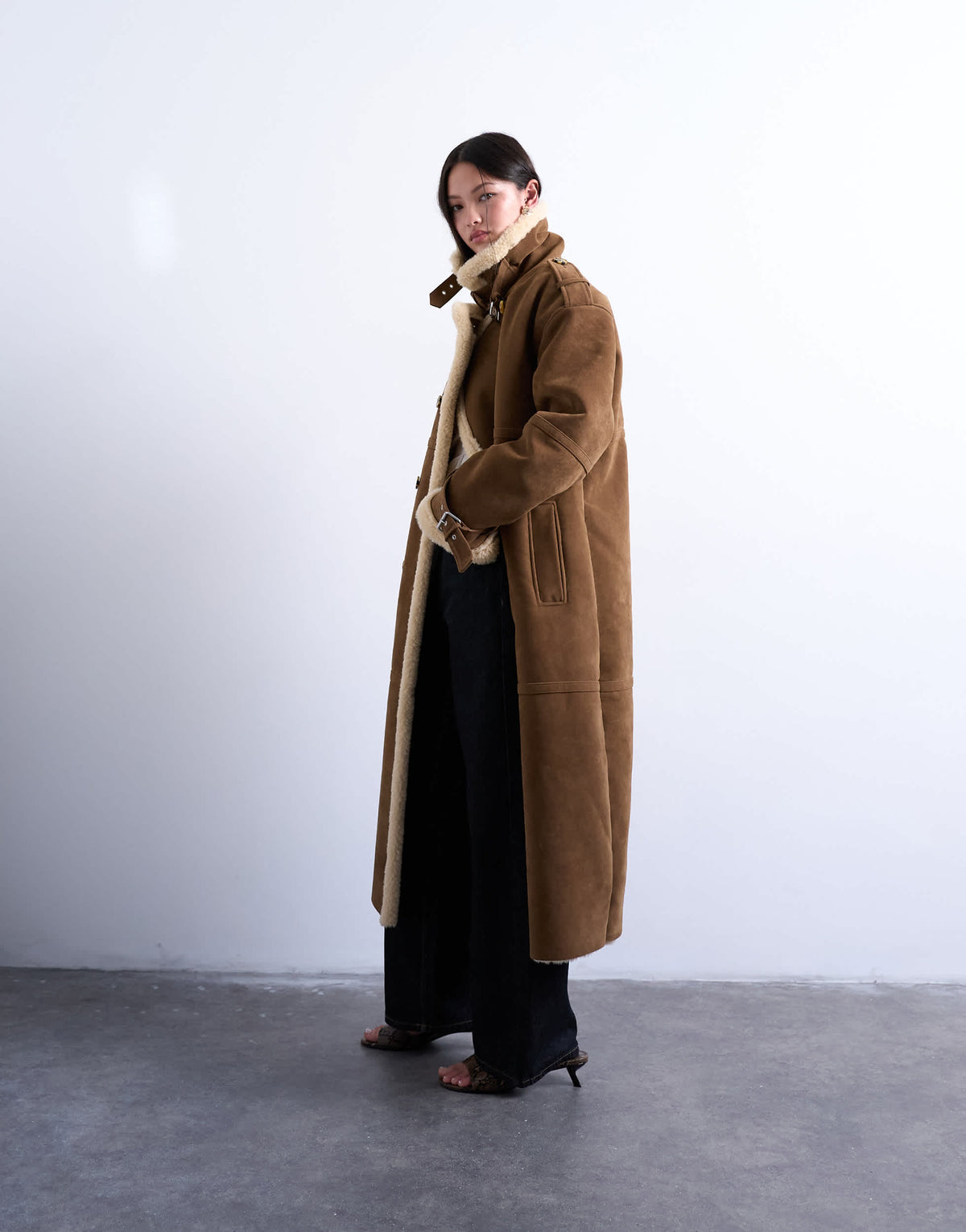 Topshop longline funnel aviator shearling in tan and cream