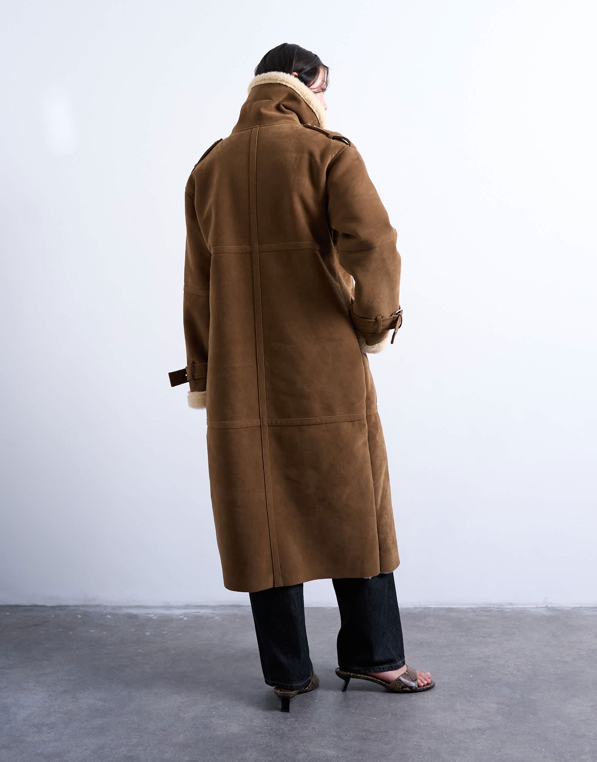 Topshop longline funnel aviator shearling in tan and cream