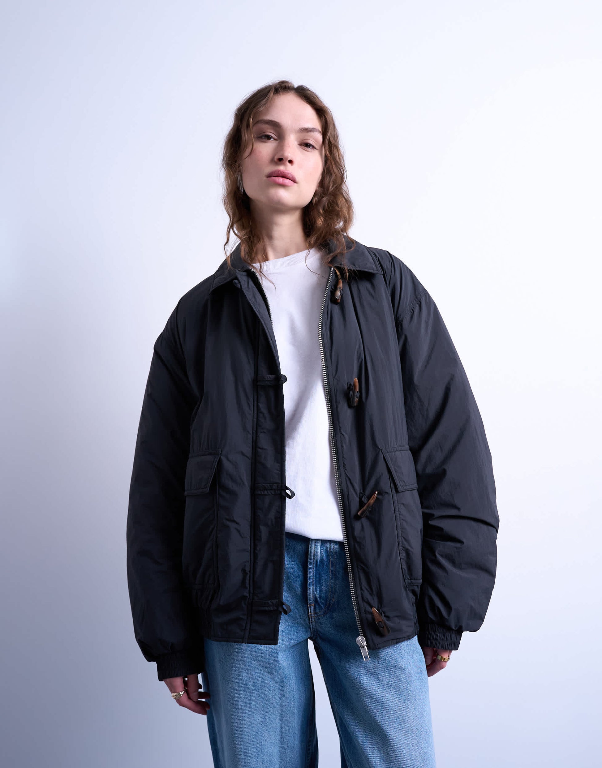 Topshop oversized padded hybrid toggle bomber in black