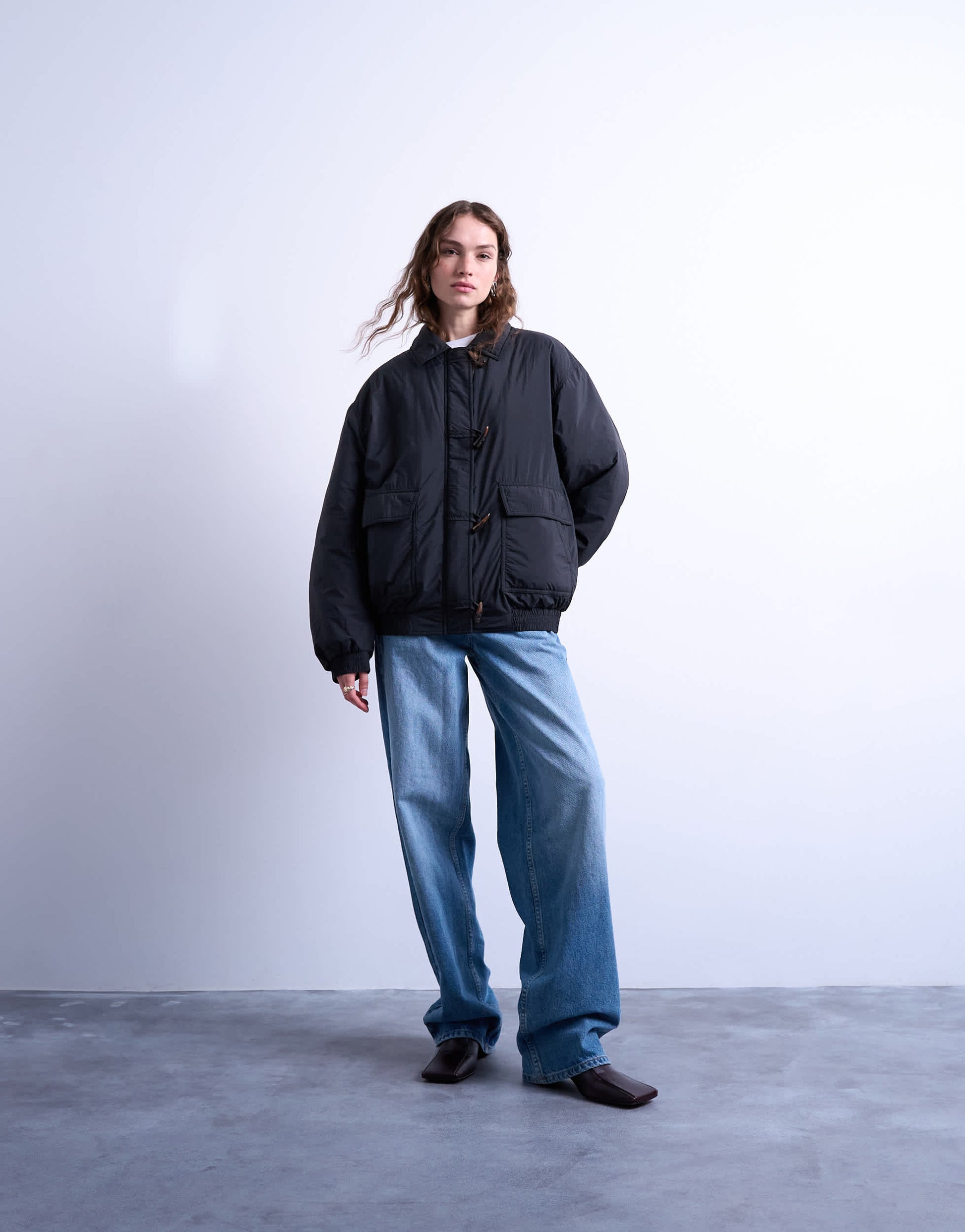 Topshop oversized padded hybrid toggle bomber in black