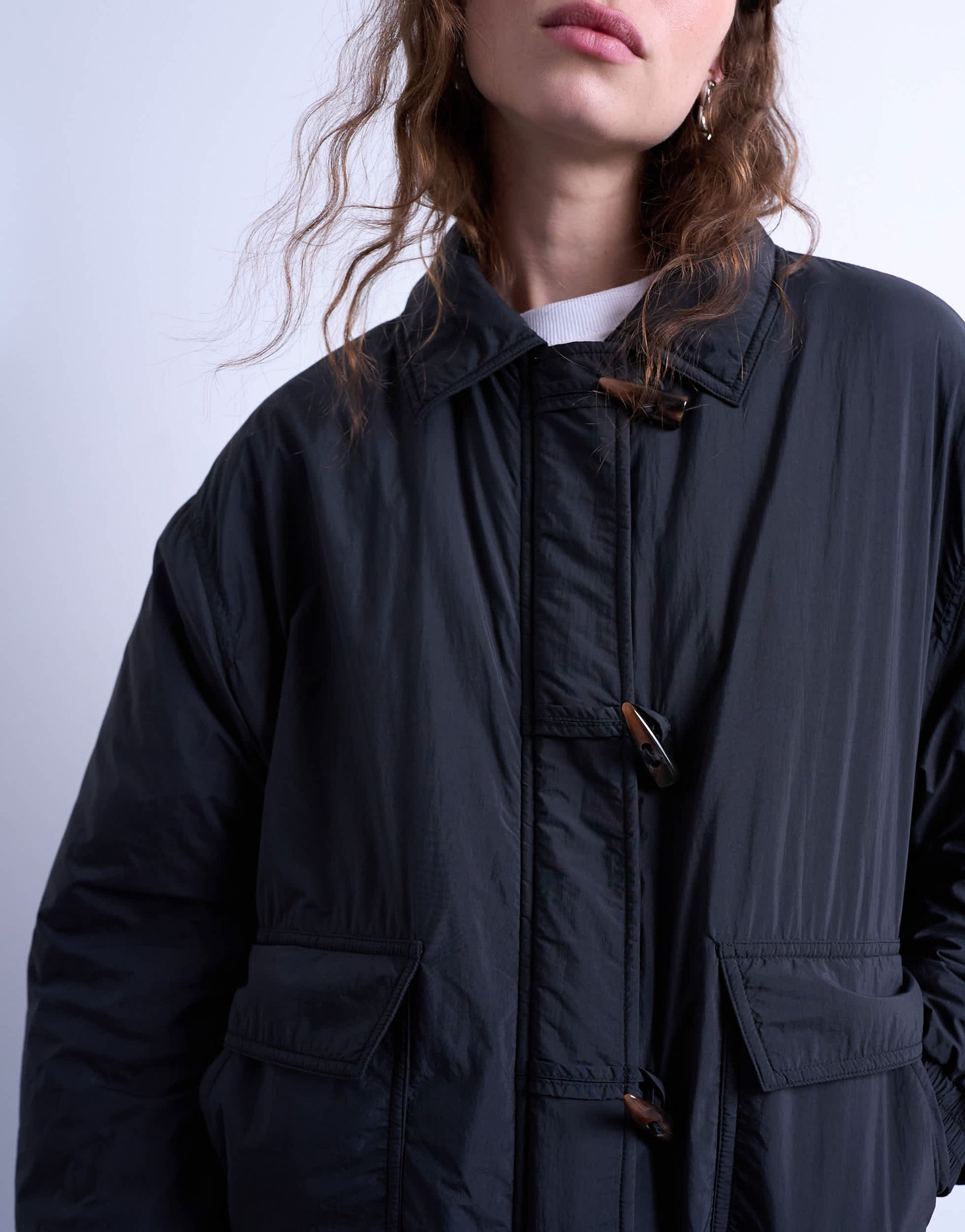 Topshop oversized padded hybrid toggle bomber in black