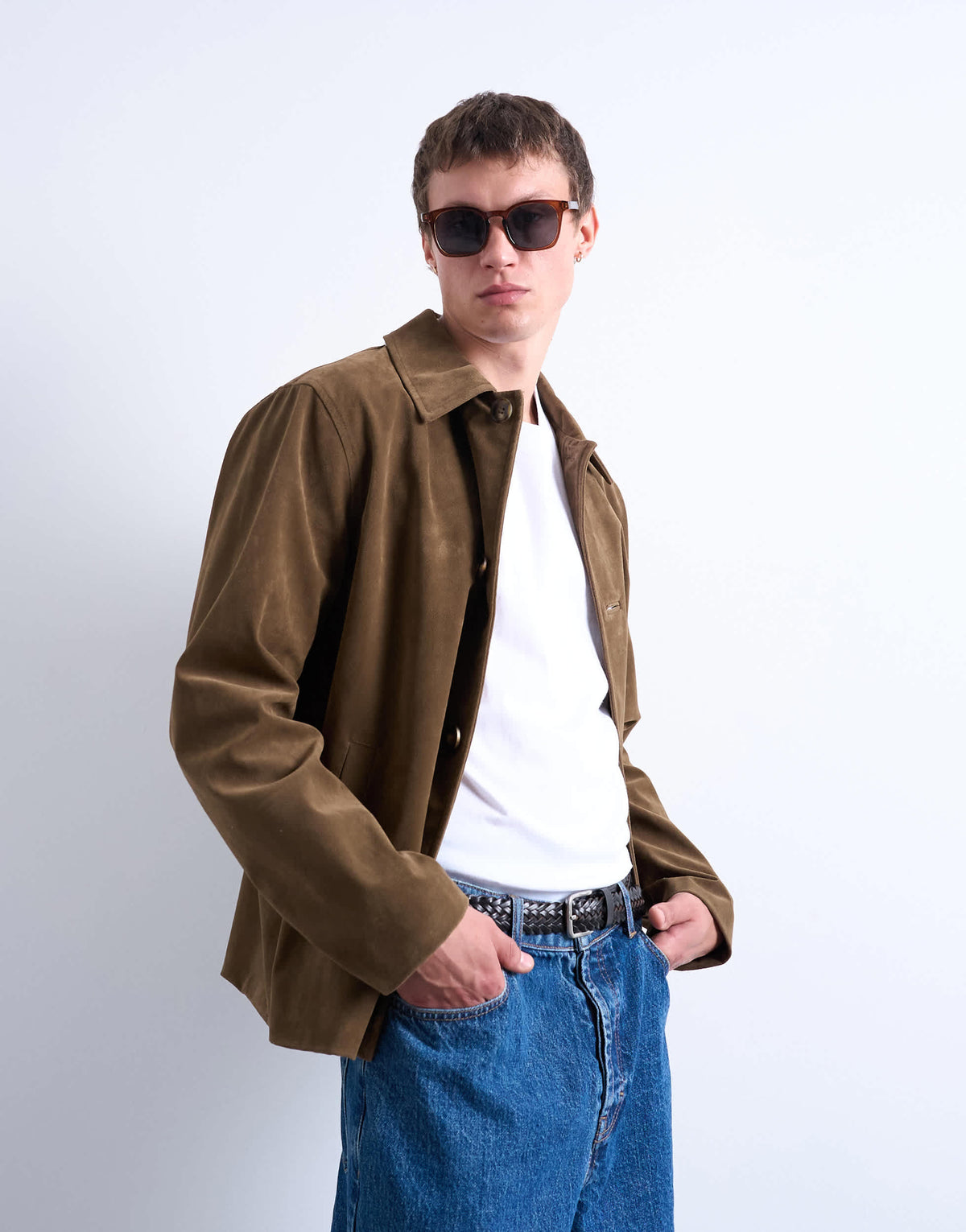 Topman faux suede button jacket in brown