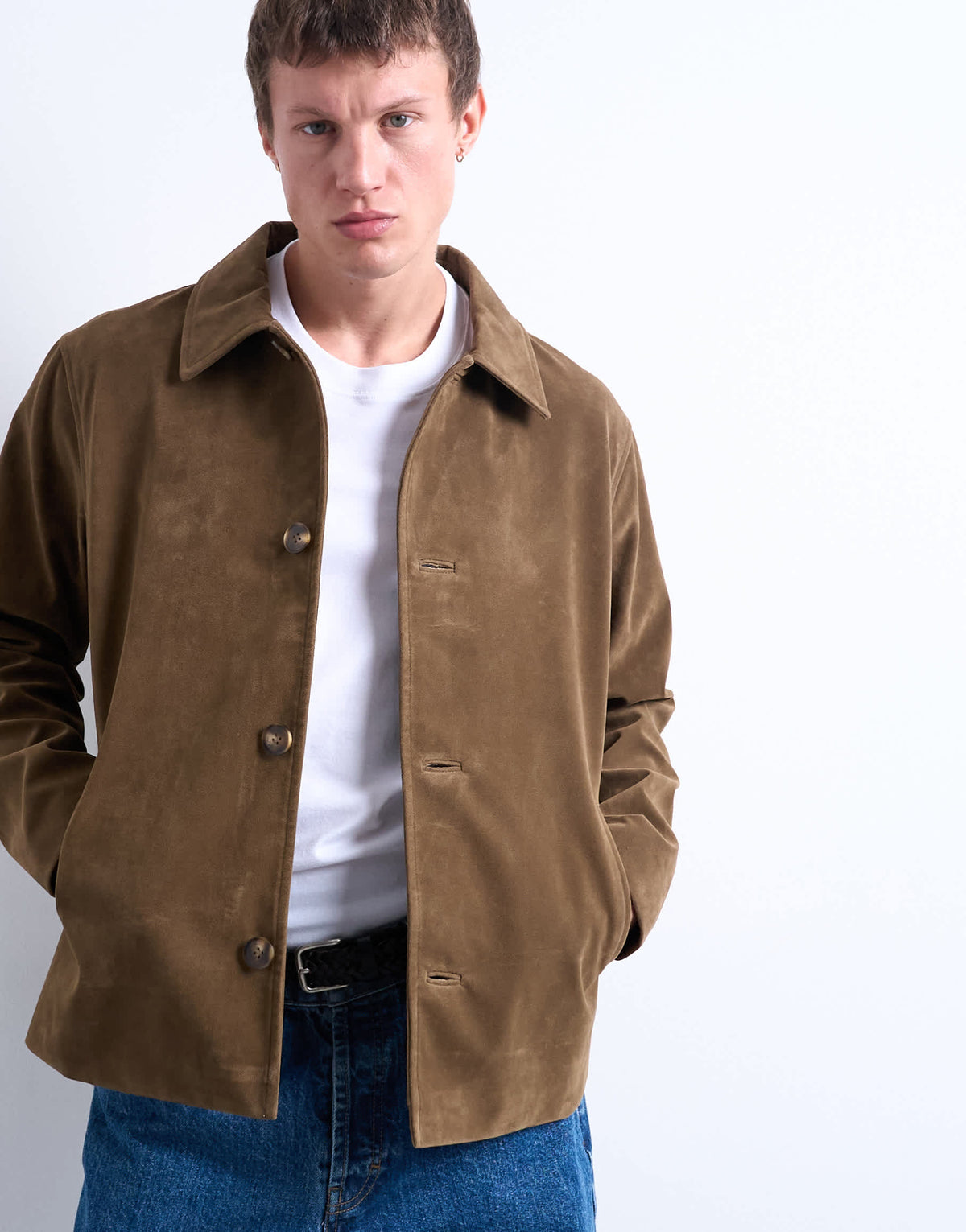 Topman faux suede button jacket in brown