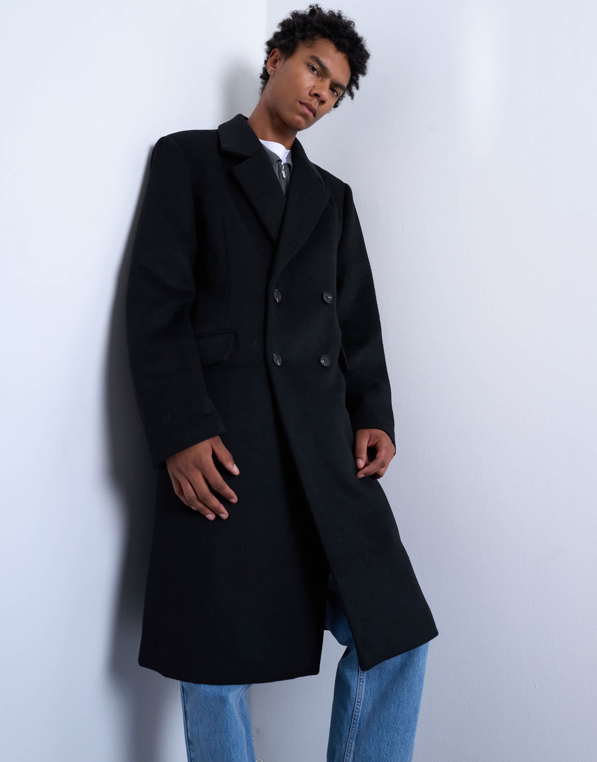 Topman double breasted wool blend overcoat in black