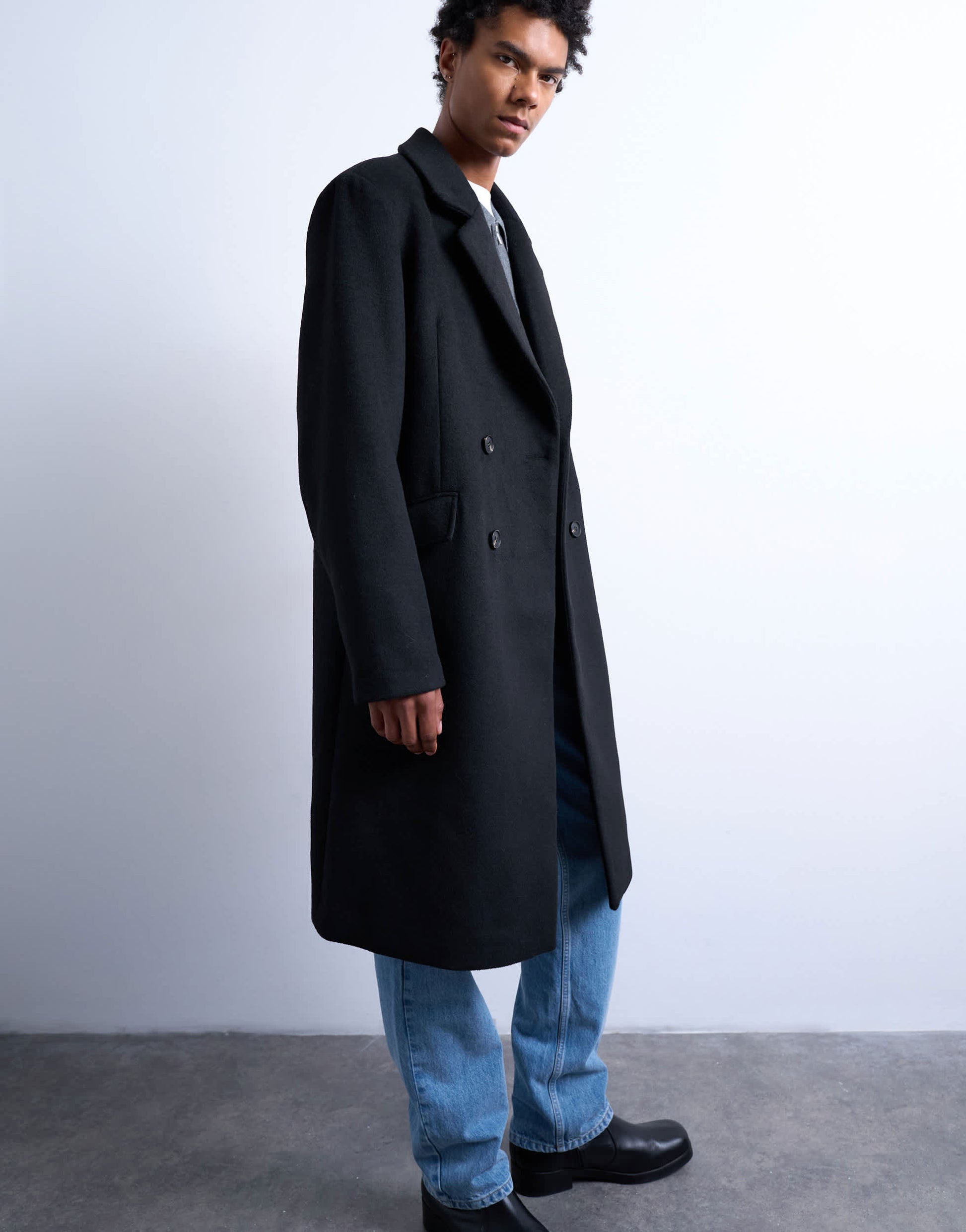 Topman double breasted wool blend overcoat in black