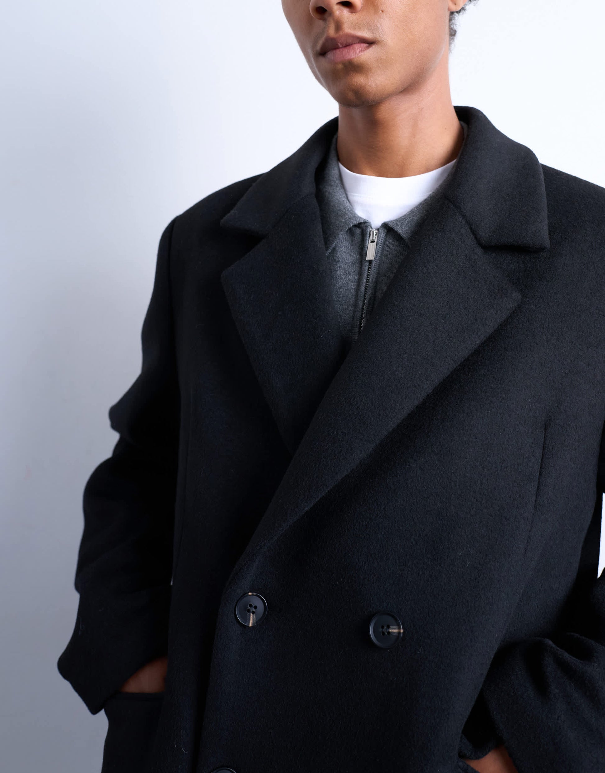Topman double breasted wool blend overcoat in black