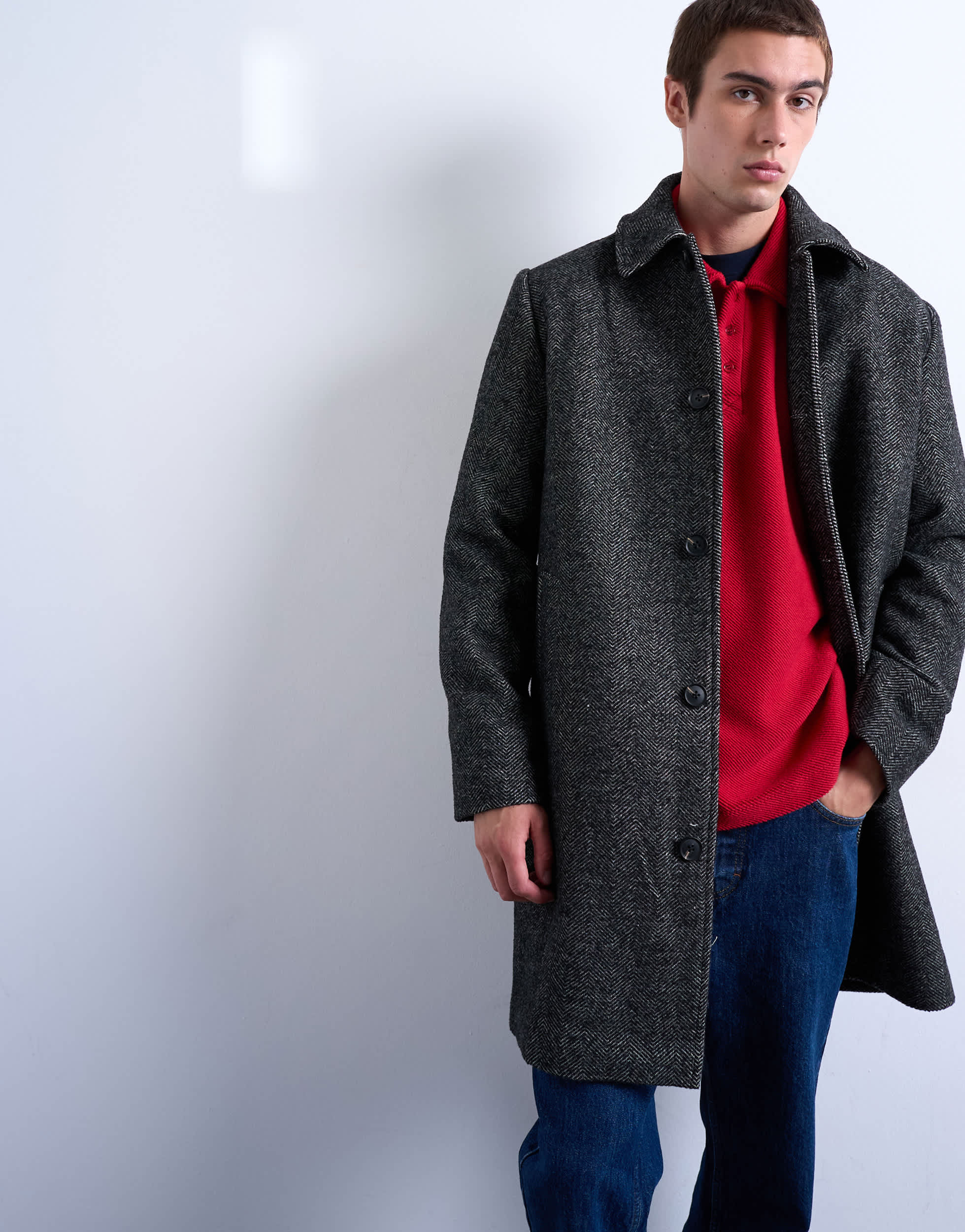 Manteau en laine mélangée à chevrons noir Topman