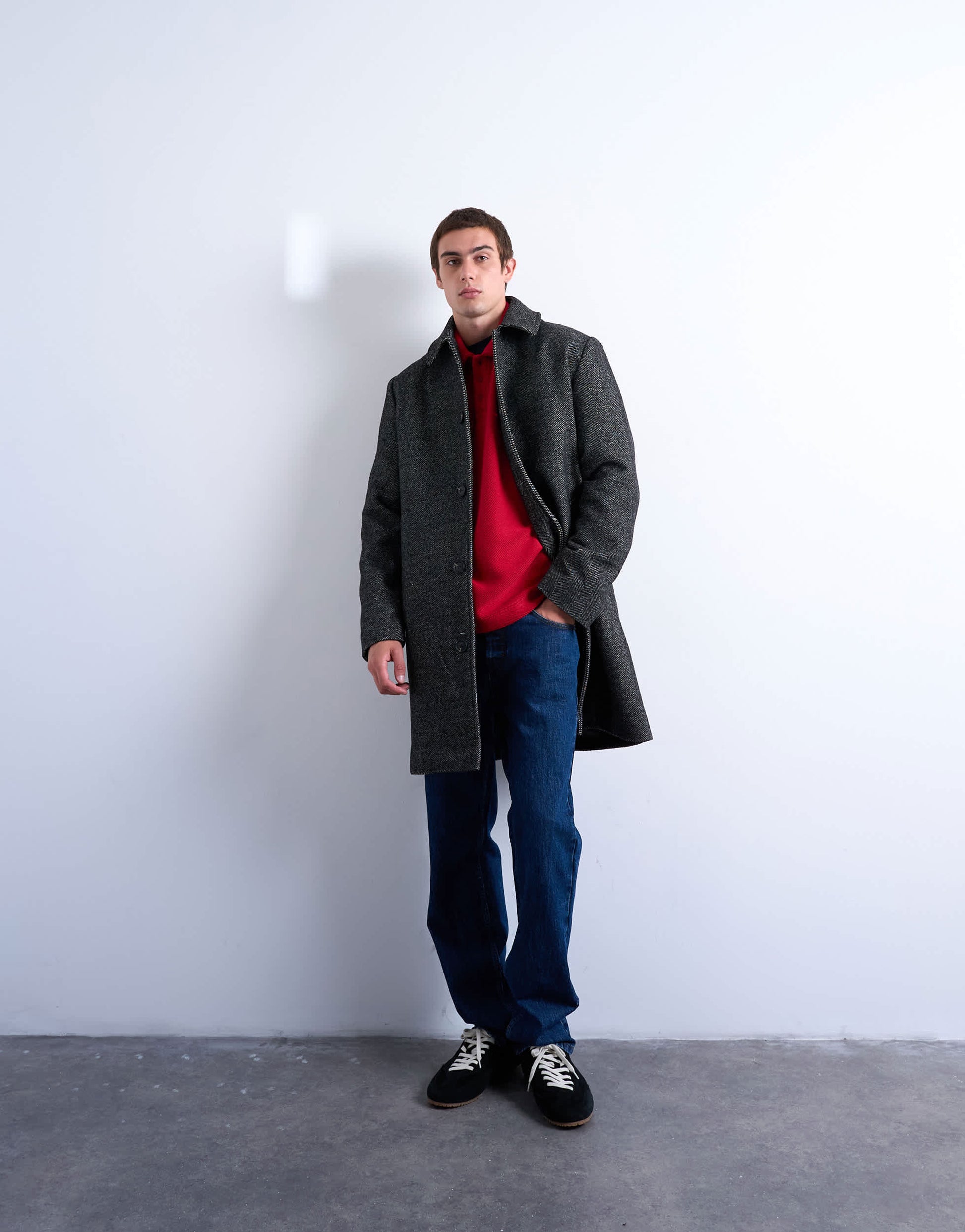 Topman herringbone wool blend overcoat in black