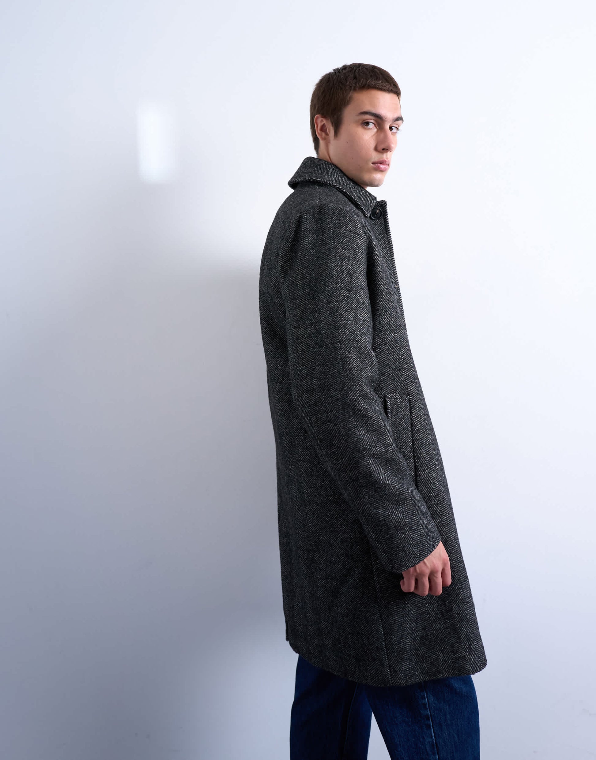Topman herringbone wool blend overcoat in black