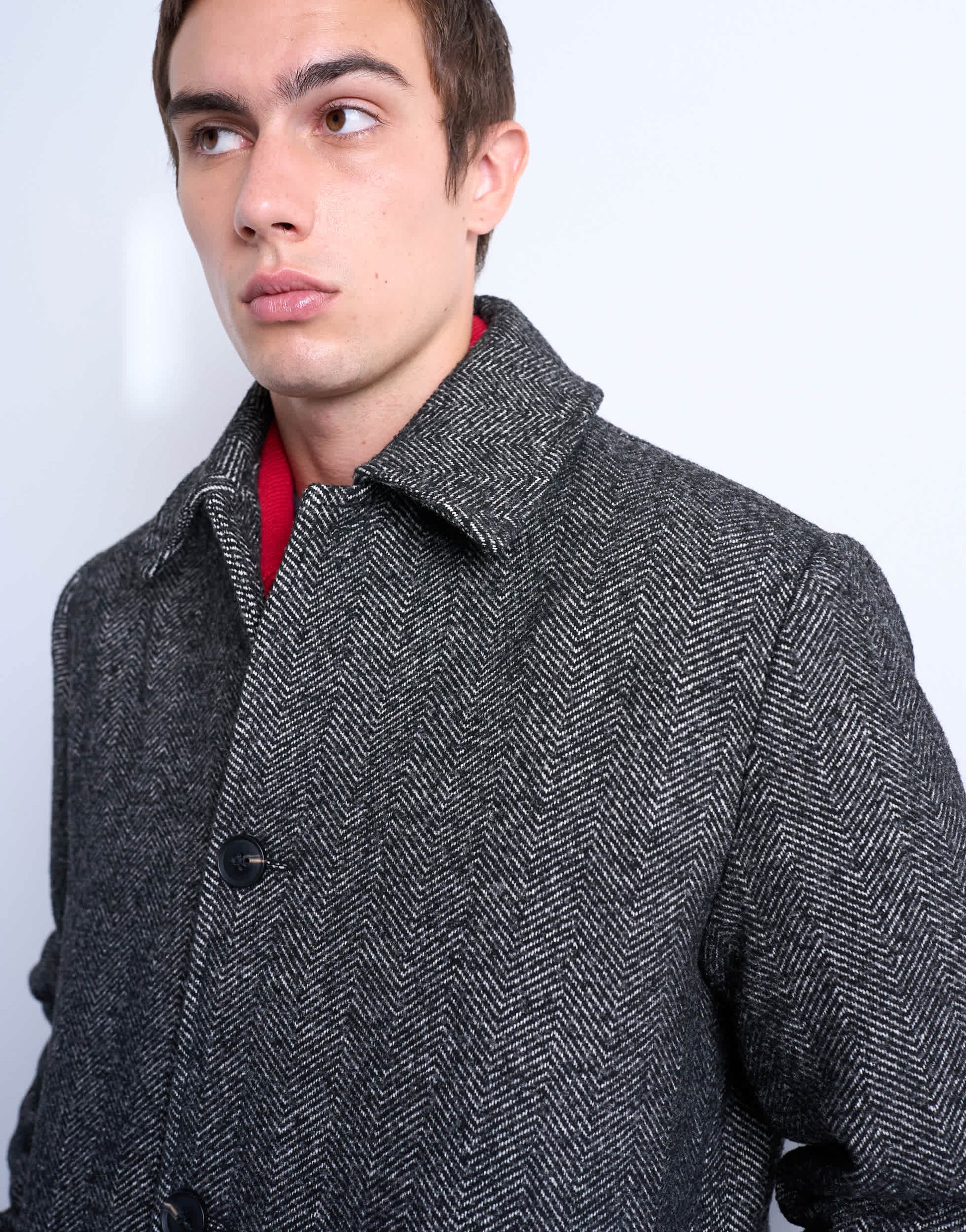 Topman herringbone wool blend overcoat in black