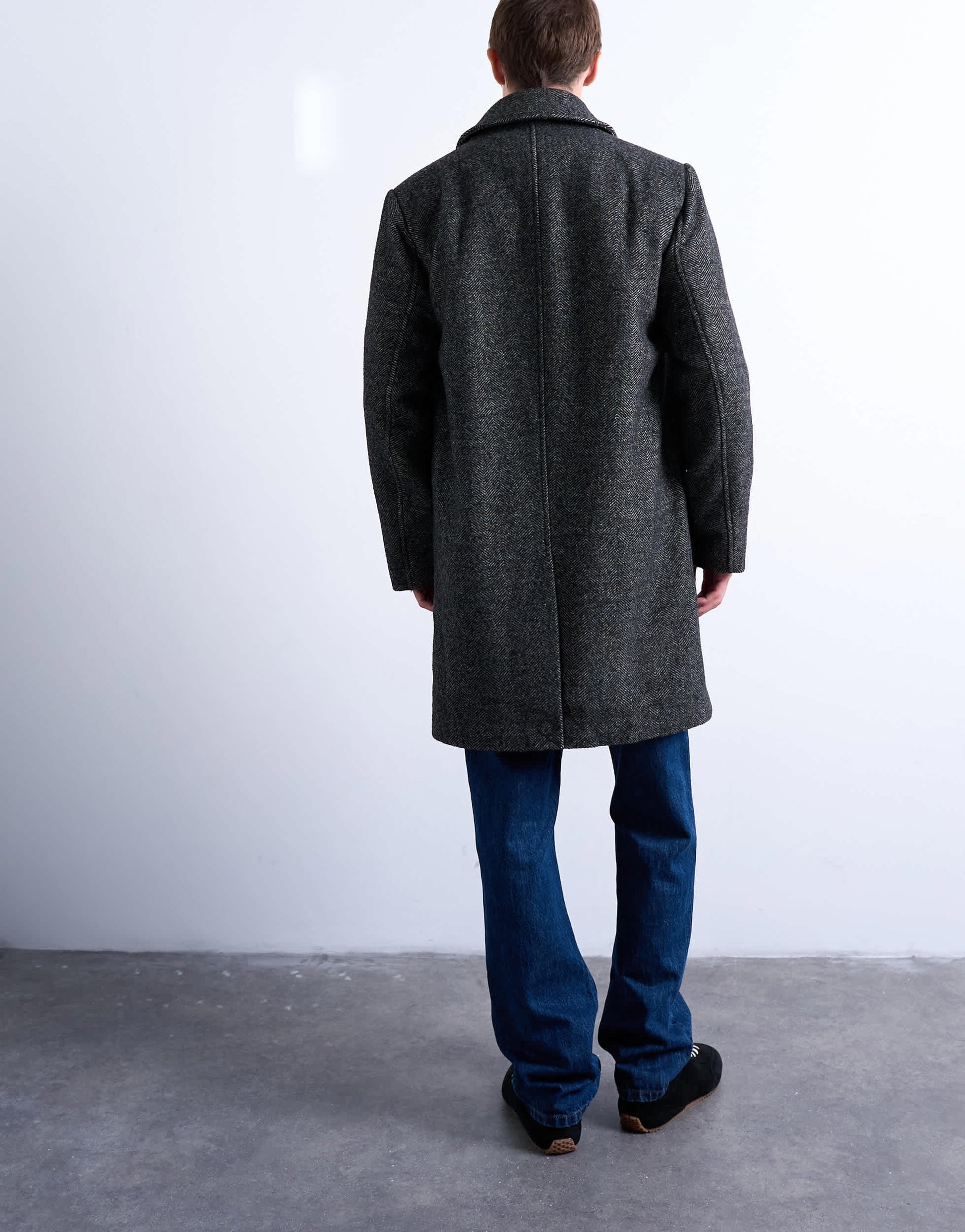 Topman herringbone wool blend overcoat in black