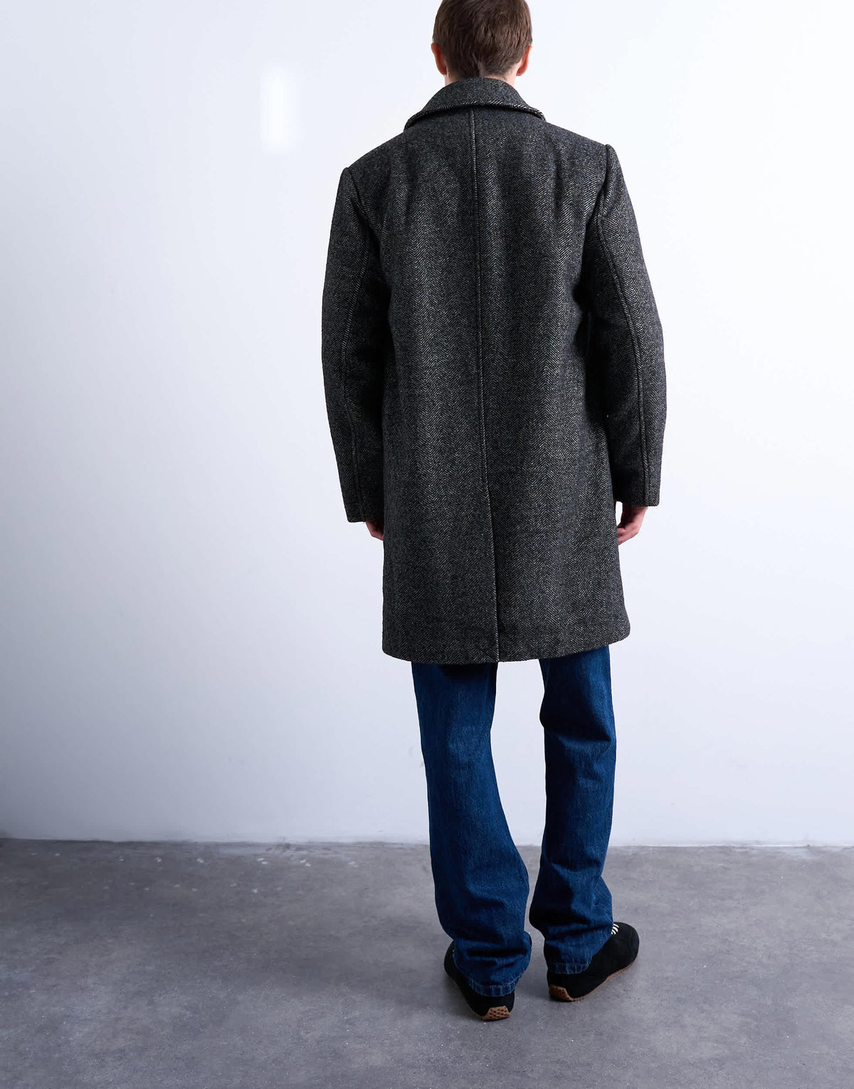 Topman herringbone wool blend overcoat in black
