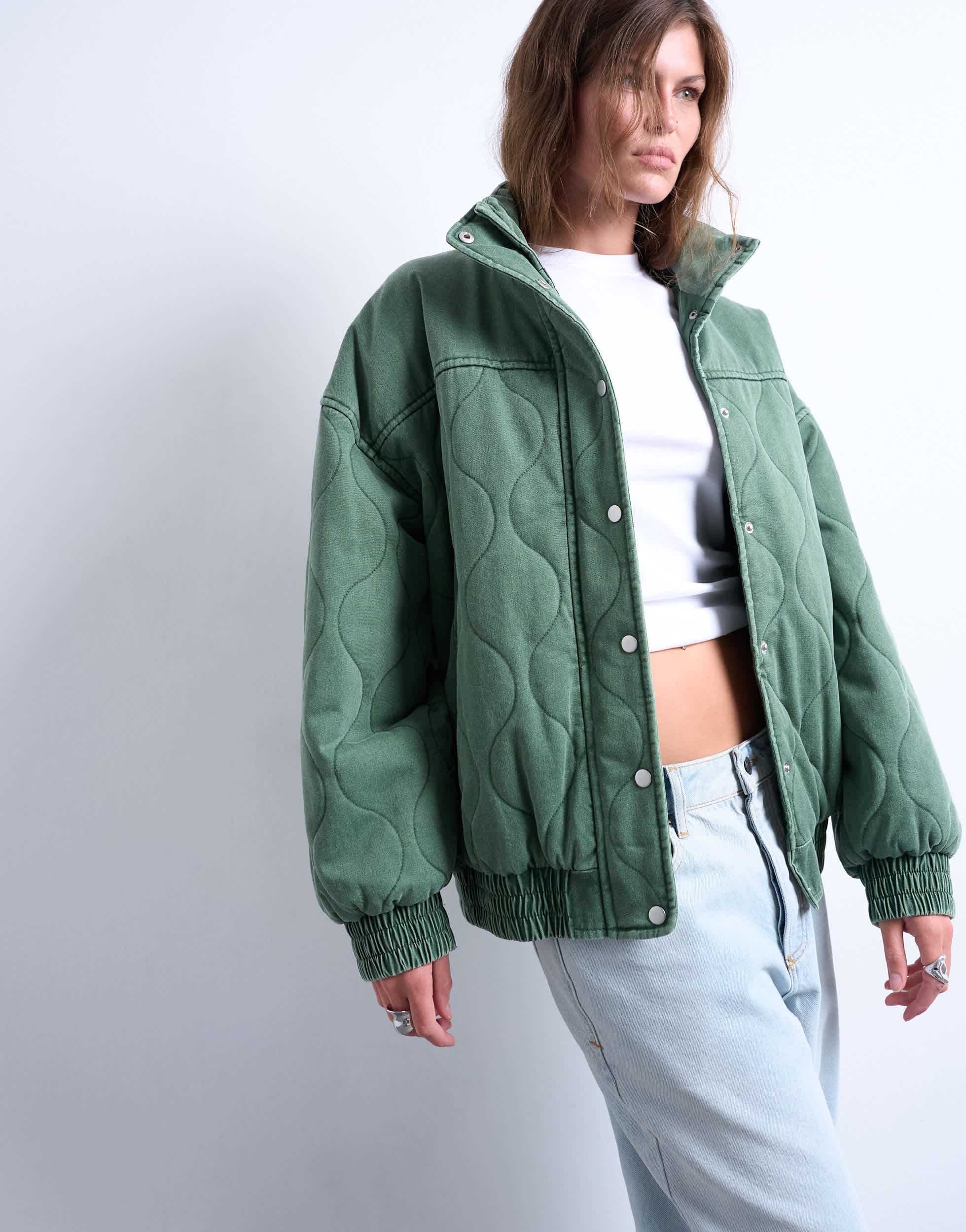 Topshop acid wash oversized quilted cotton bomber jacket in green