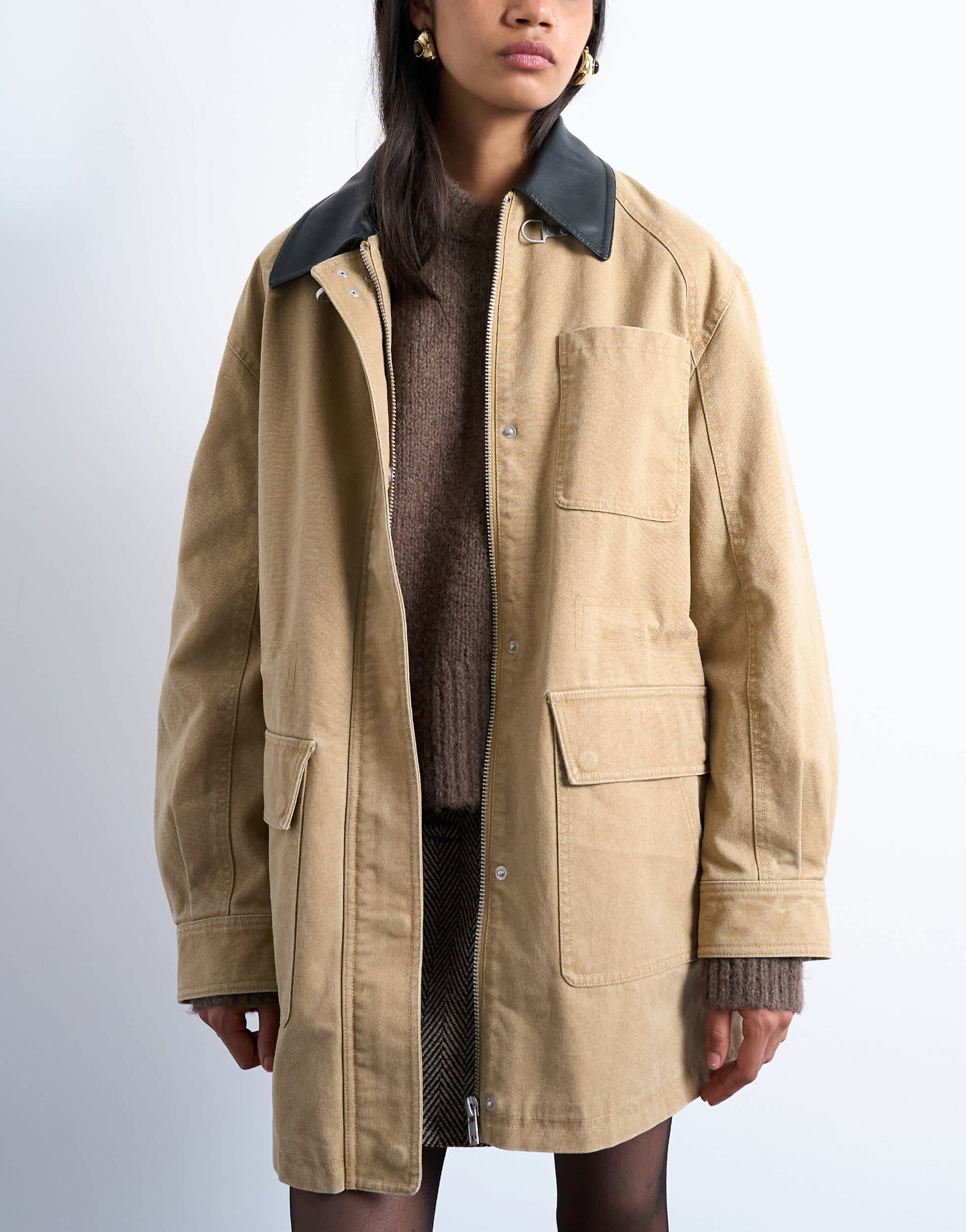 Topshop super oversized barn jacket with buckle detail in tan