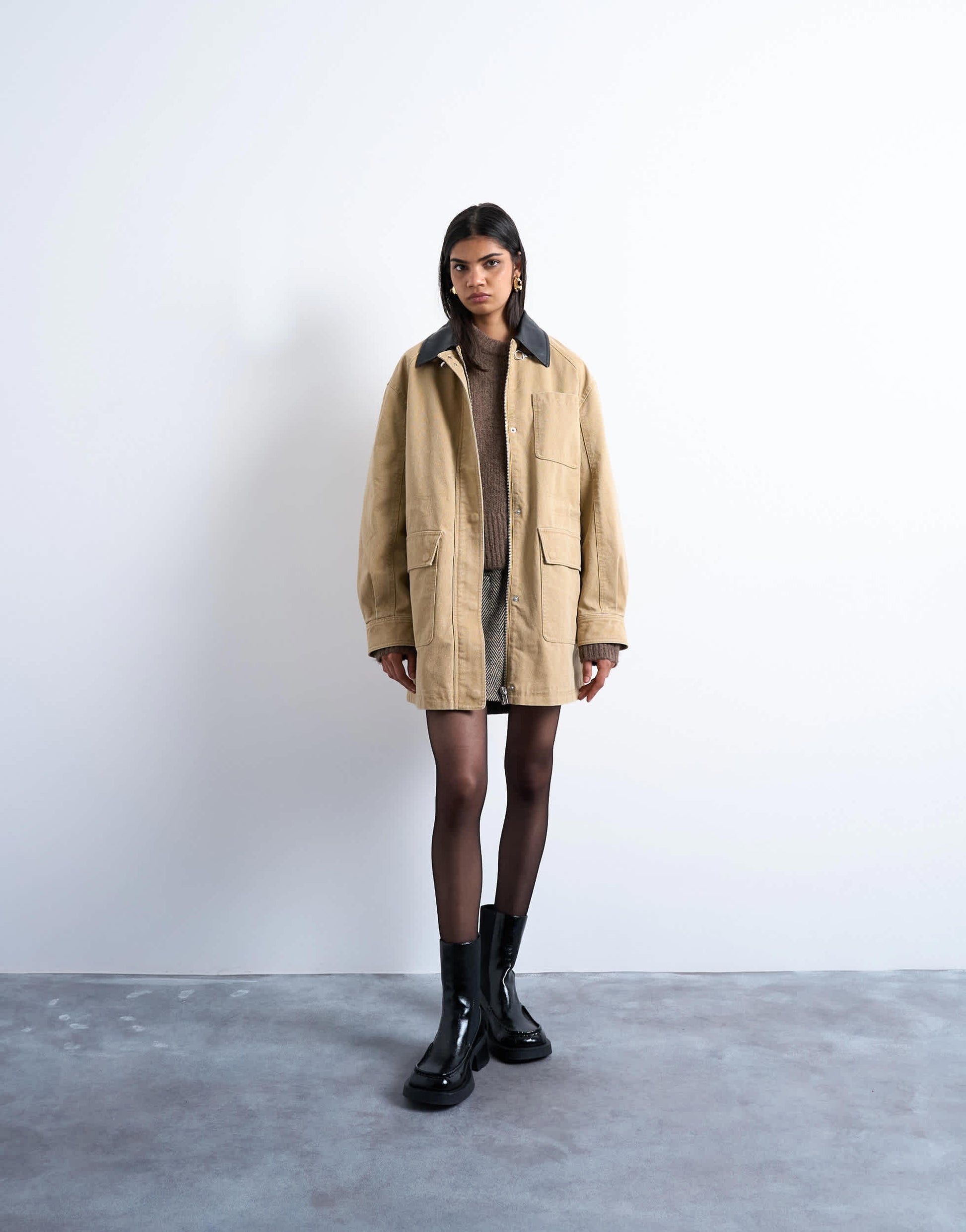 Topshop super oversized barn jacket with buckle detail in tan
