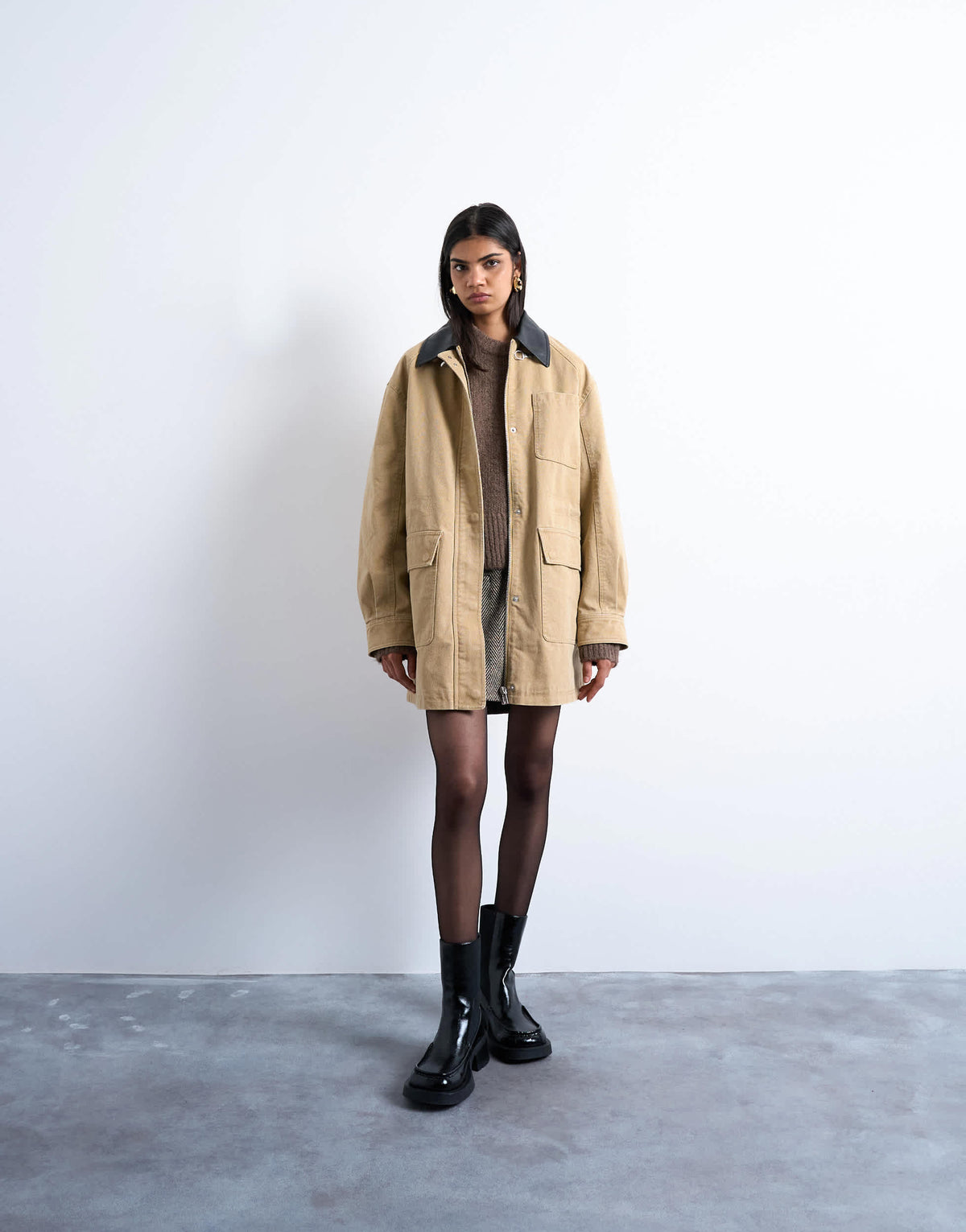 Topshop super oversized barn jacket with buckle detail in tan
