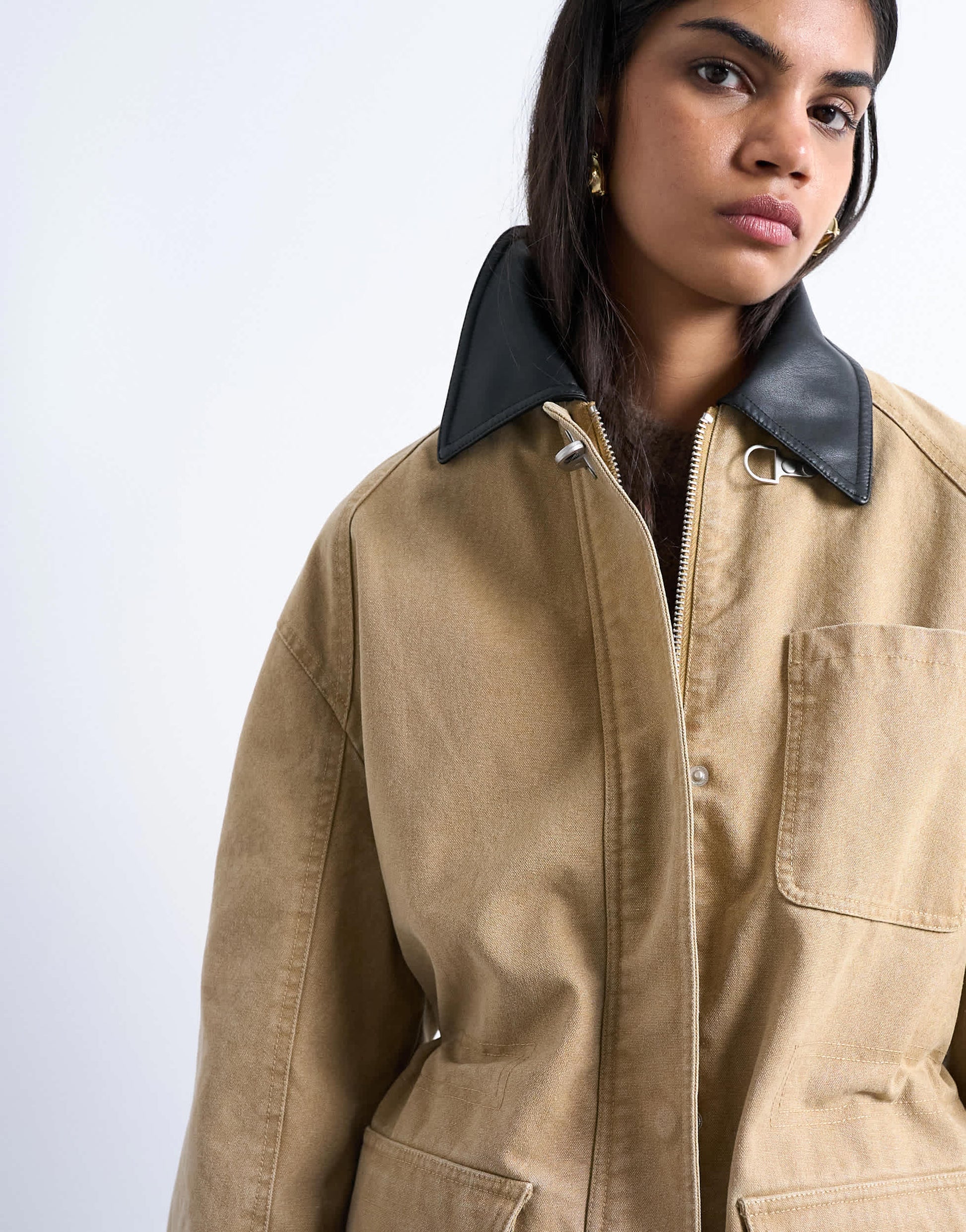 Topshop super oversized barn jacket with buckle detail in tan