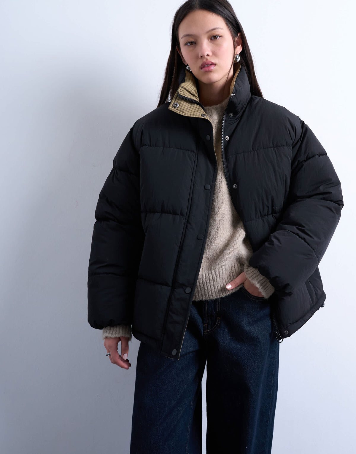 Topshop internal check funnel neck puffer jacket in black
