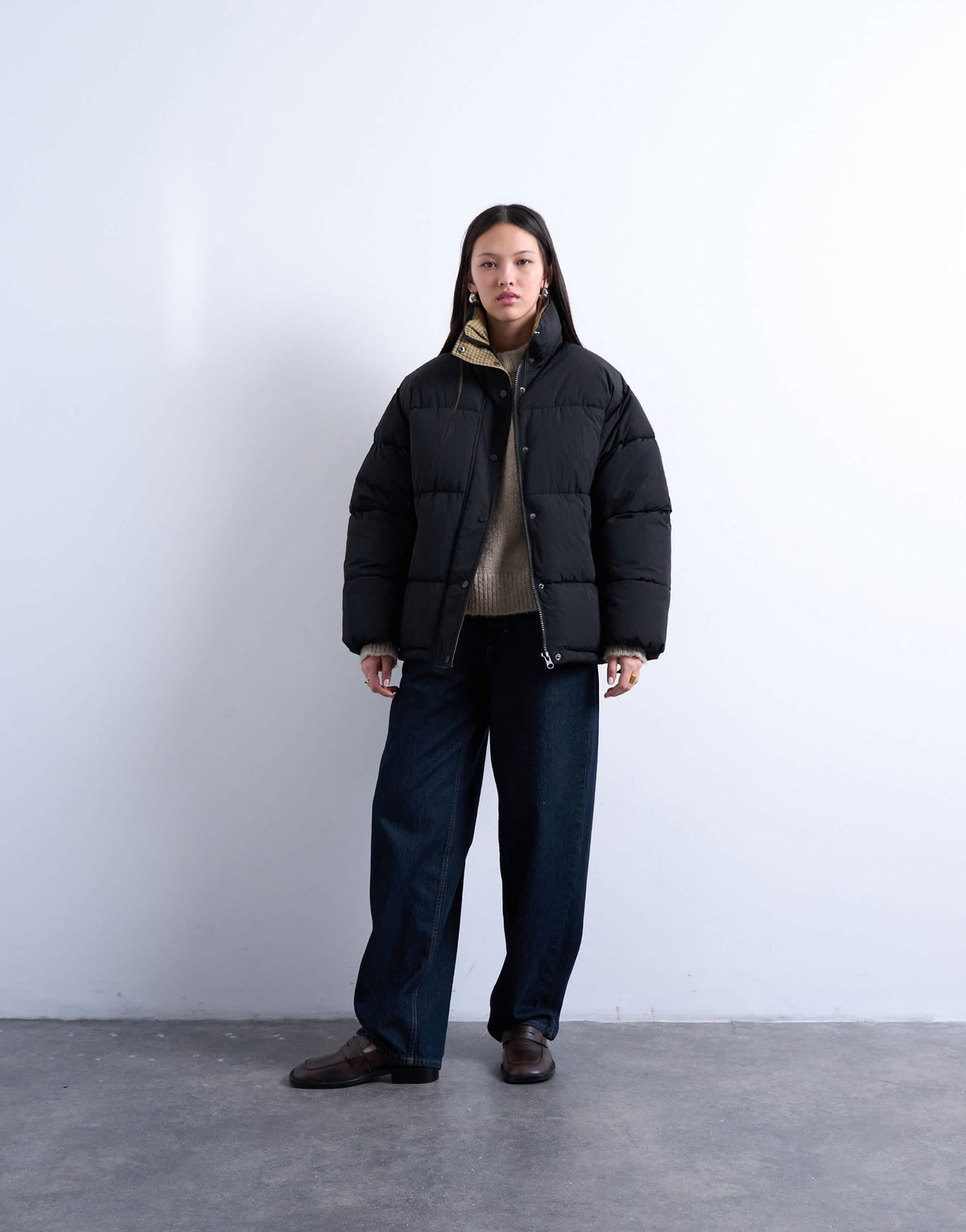 Topshop internal check funnel neck puffer jacket in black