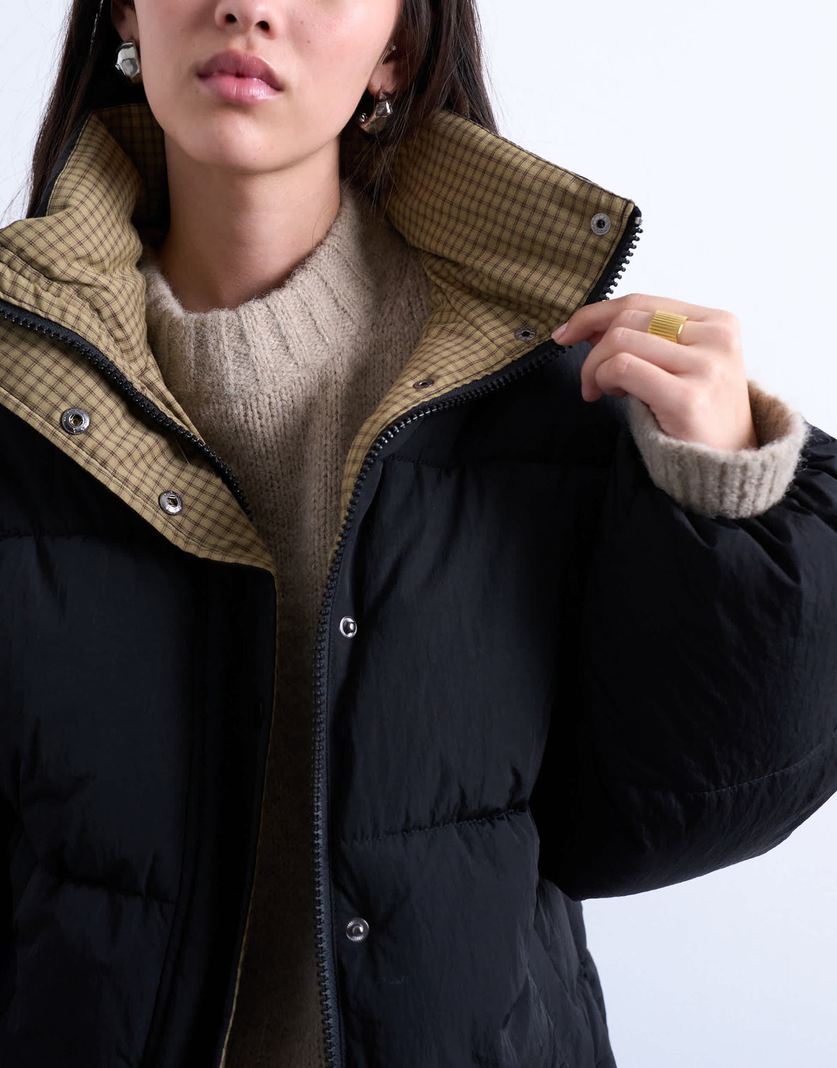 Topshop internal check funnel neck puffer jacket in black