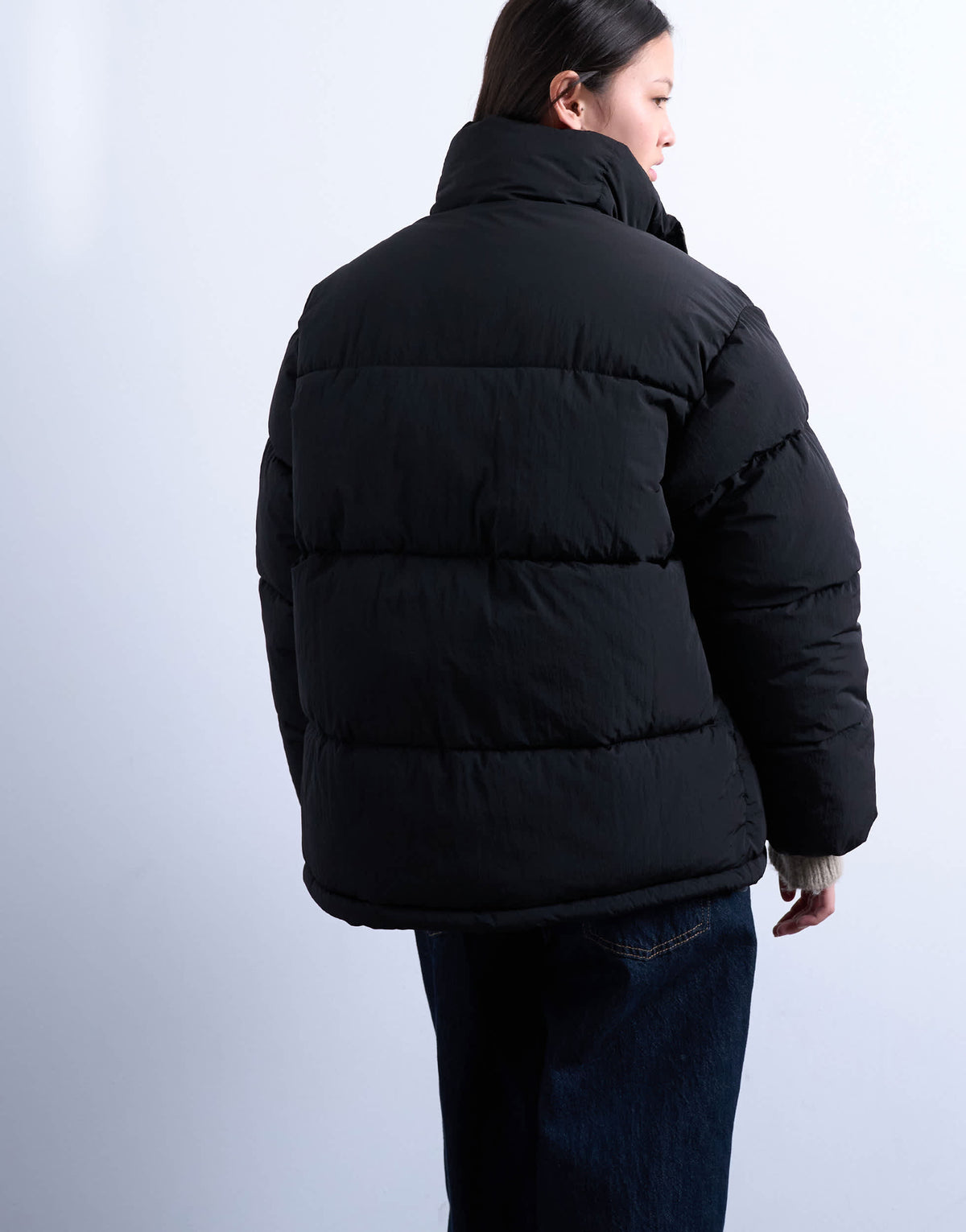 Topshop internal check funnel neck puffer jacket in black