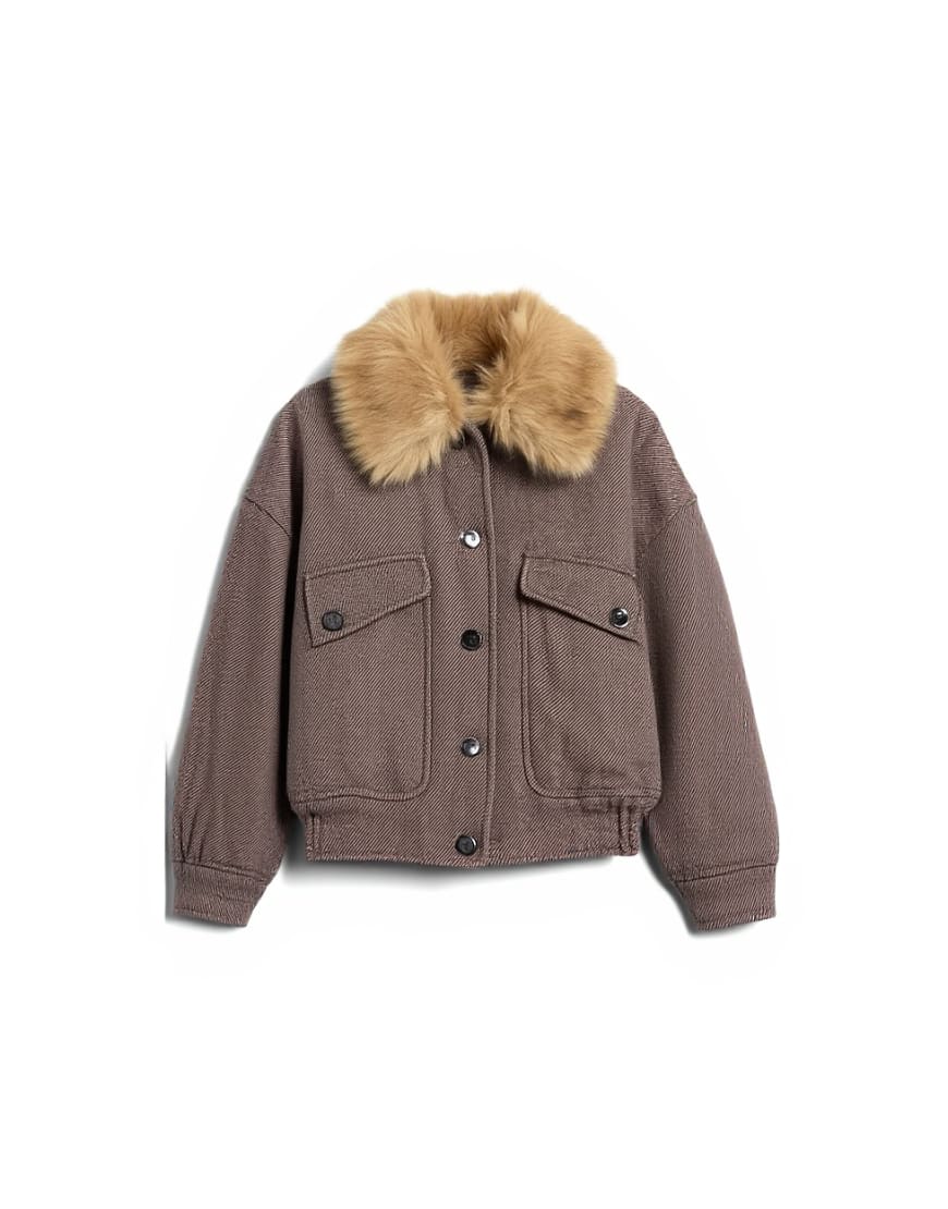 Topshop twill bomber with faux fur collar with wool in brown