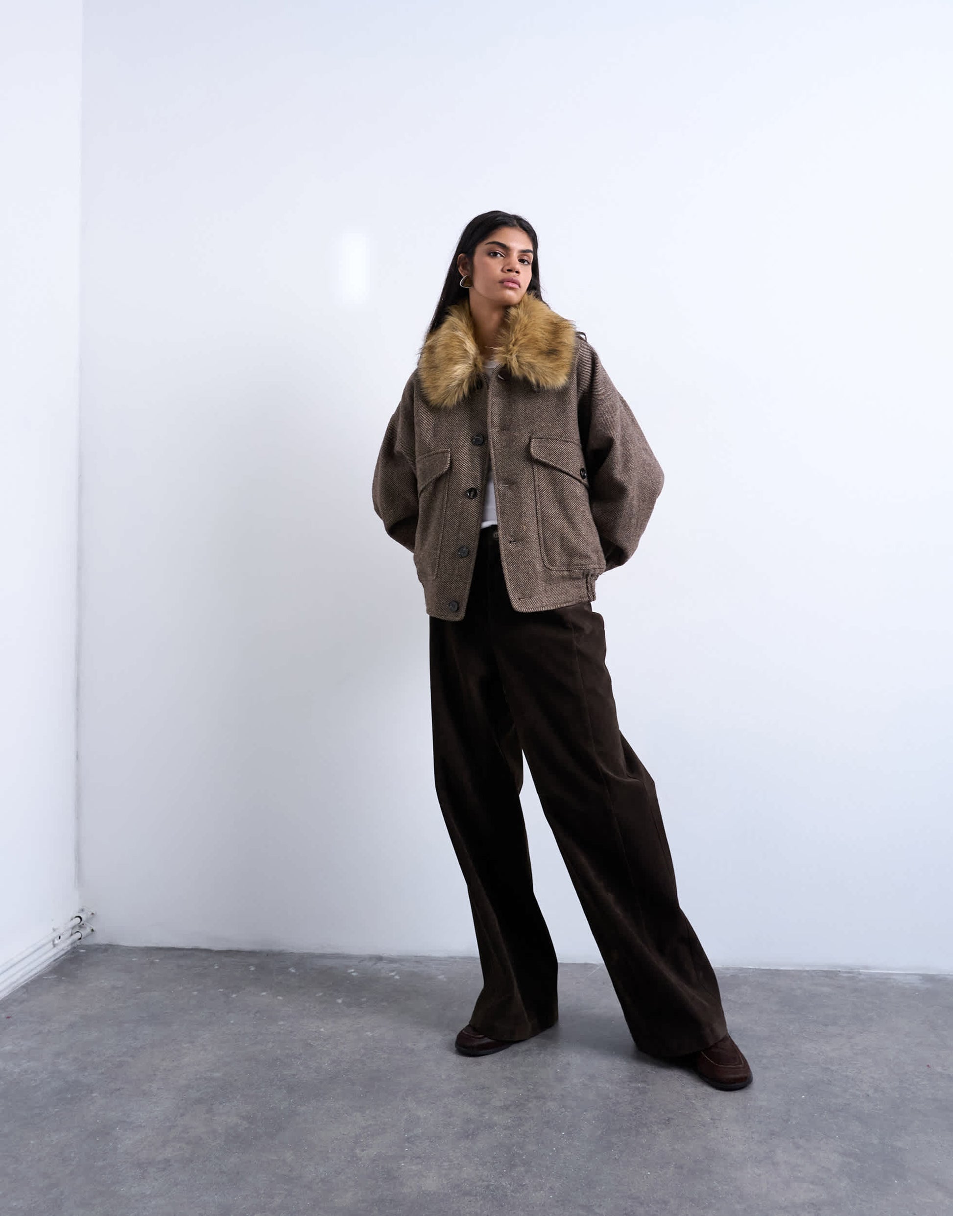 Topshop twill bomber with faux fur collar with wool in brown