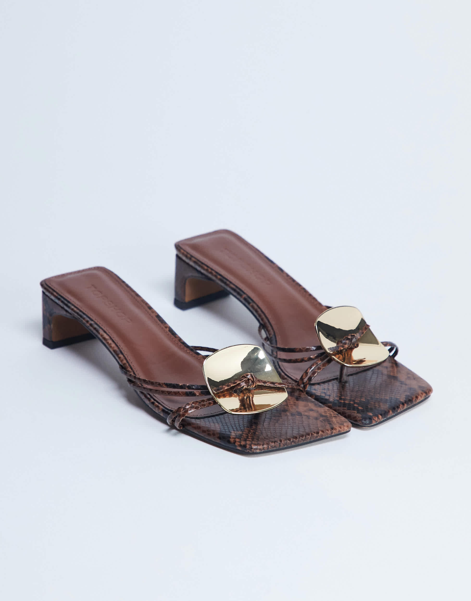 Topshop Ilaria kitten heeled sandal with metal trim in snake