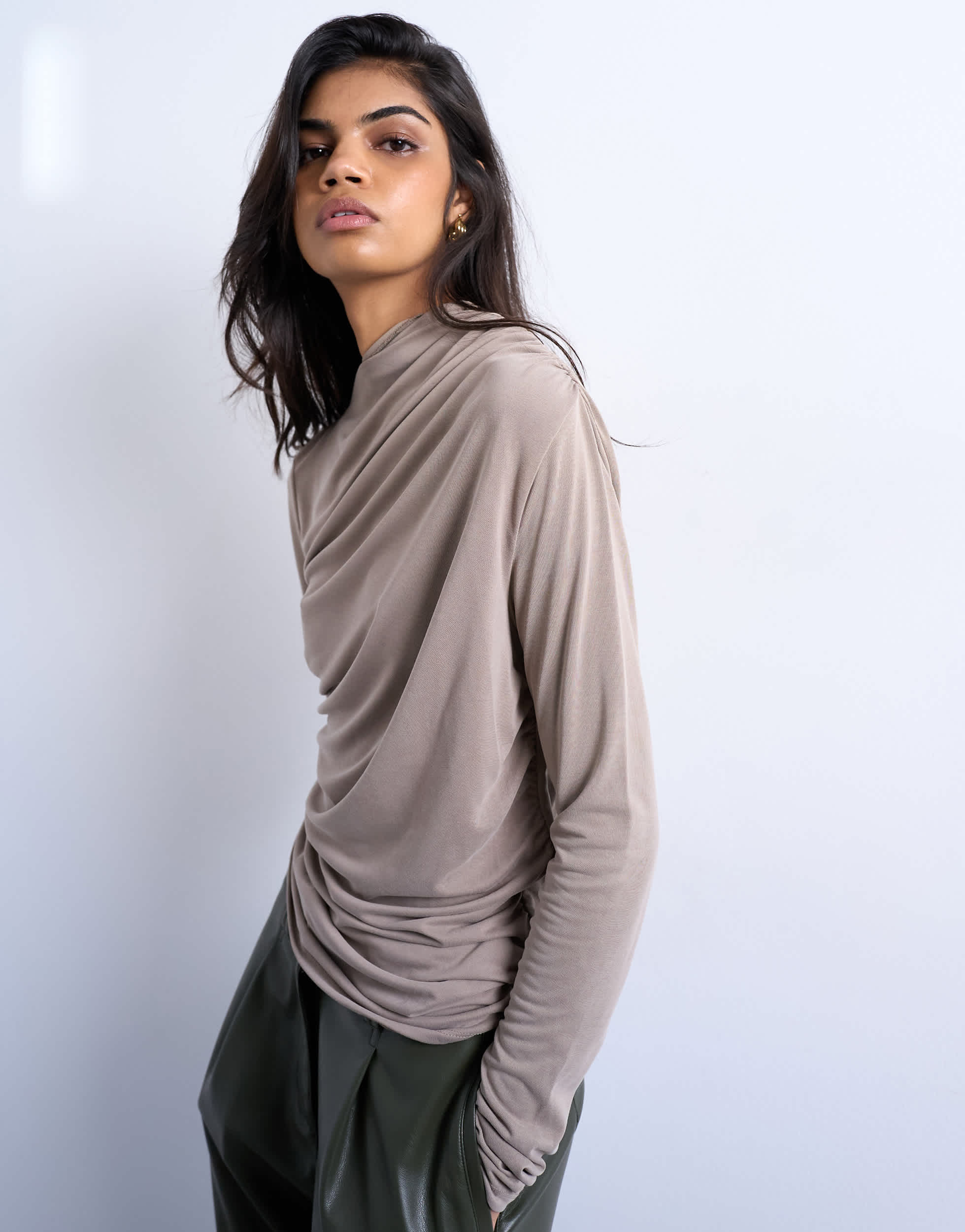Topshop cupro ruched long sleeve top in pale khaki