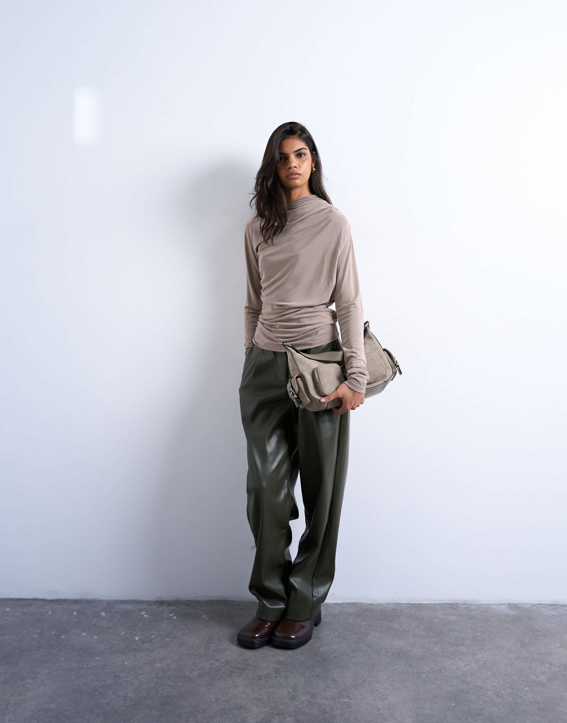 Topshop cupro ruched long sleeve top in pale khaki