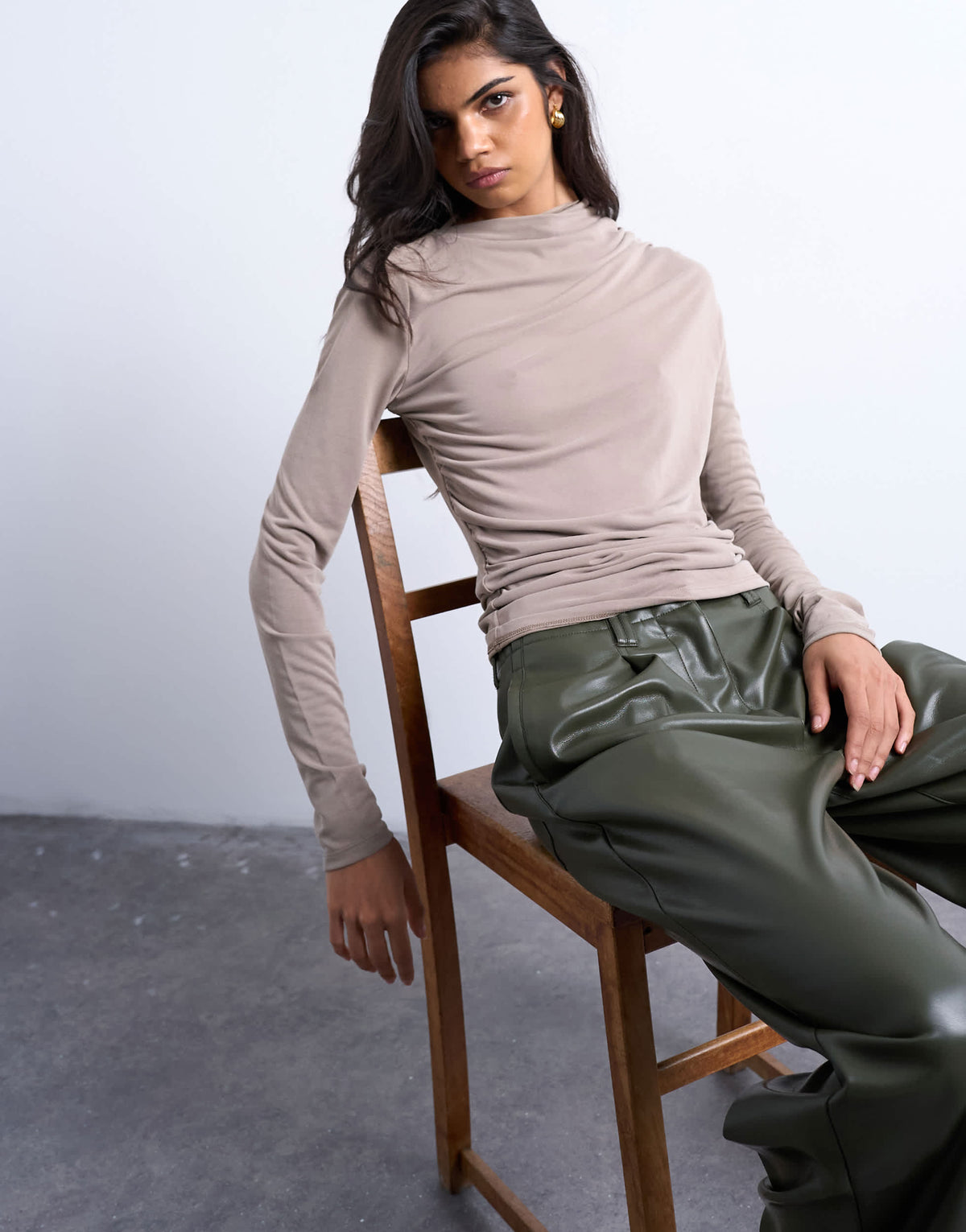 Topshop cupro ruched long sleeve top in pale khaki