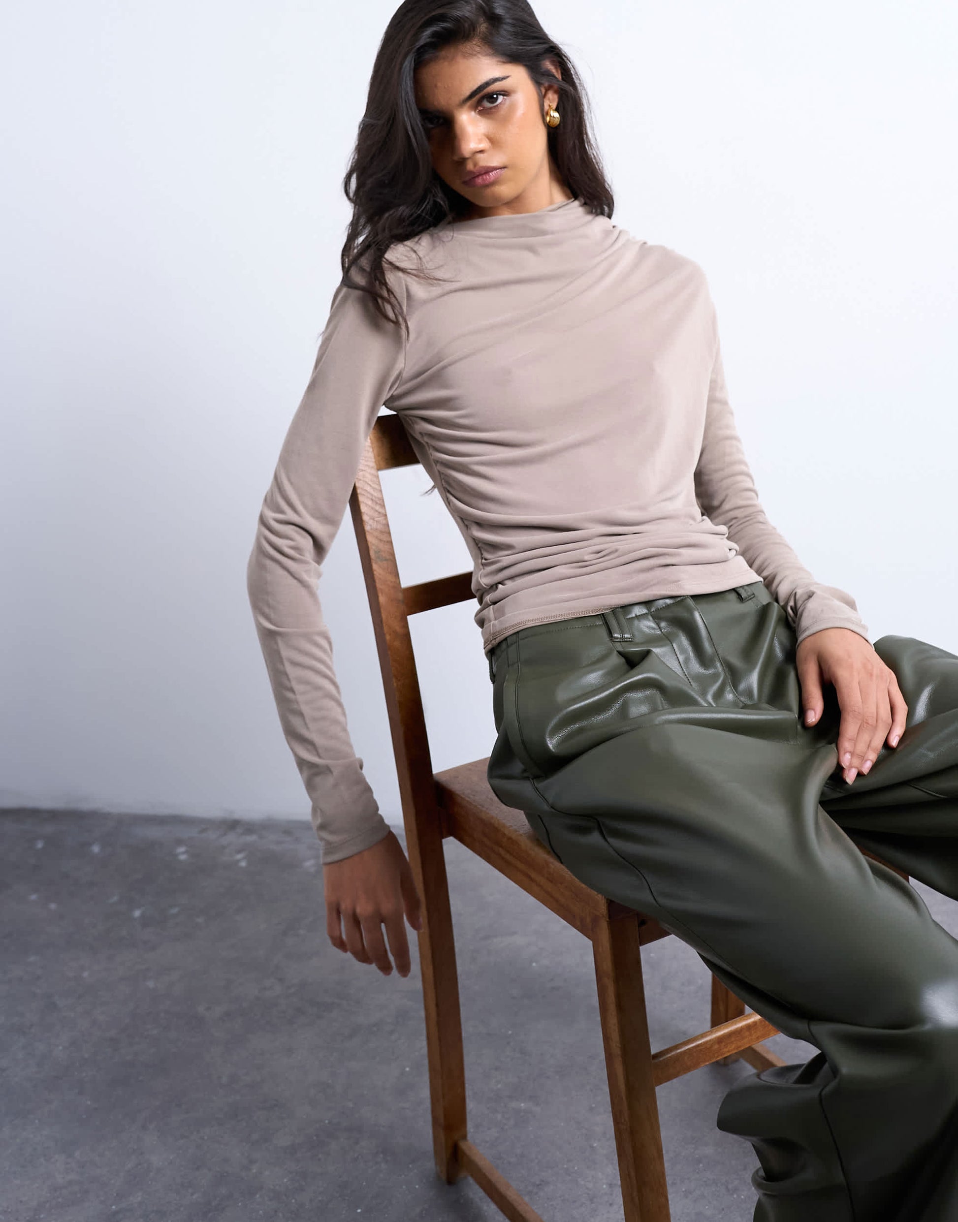 Topshop cupro ruched long sleeve top in pale khaki