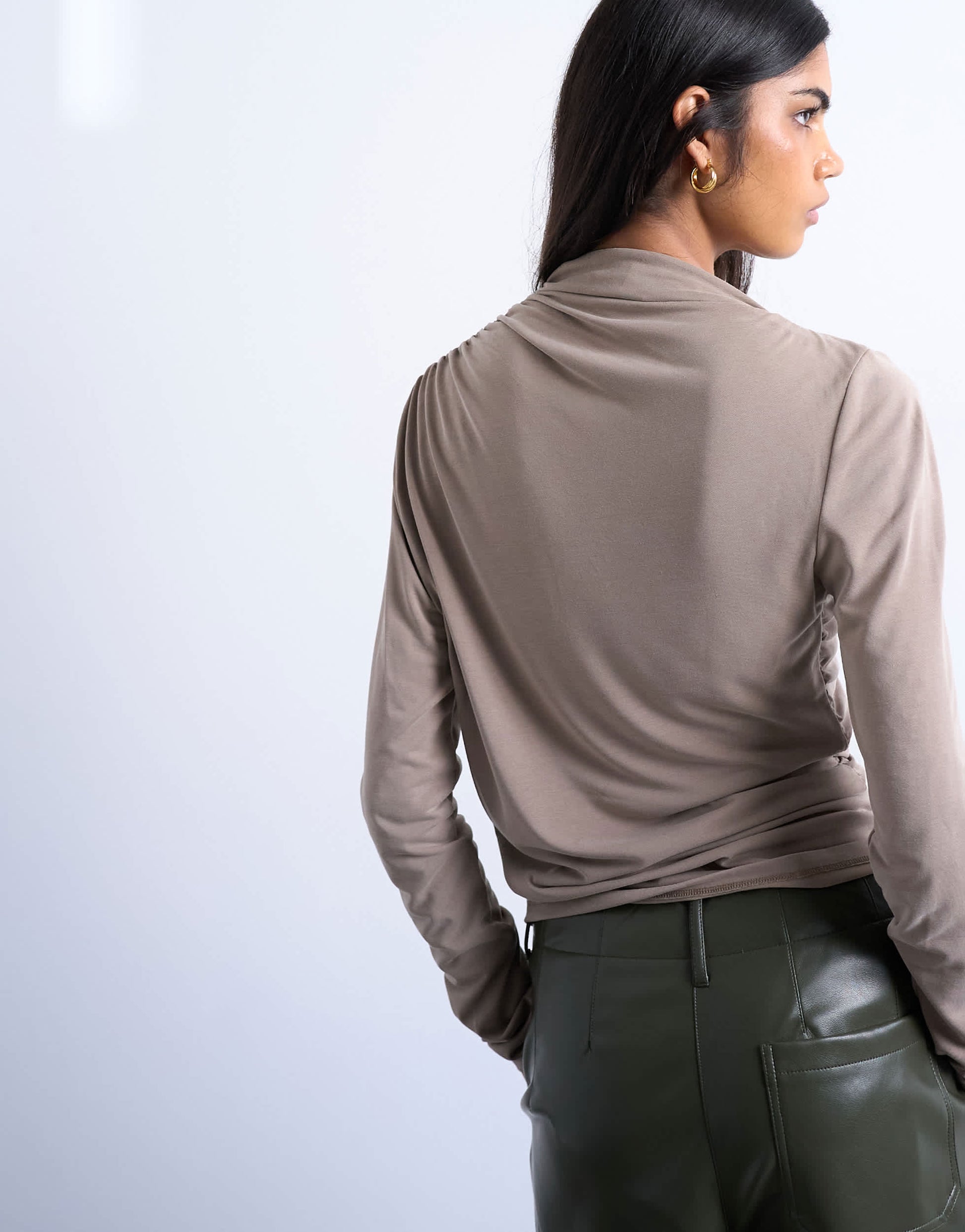 Topshop cupro ruched long sleeve top in pale khaki