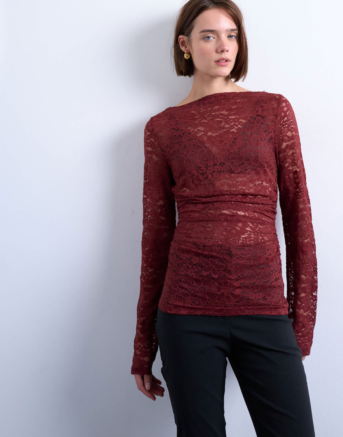 Topshop slash neck hitch side lace top in dark red