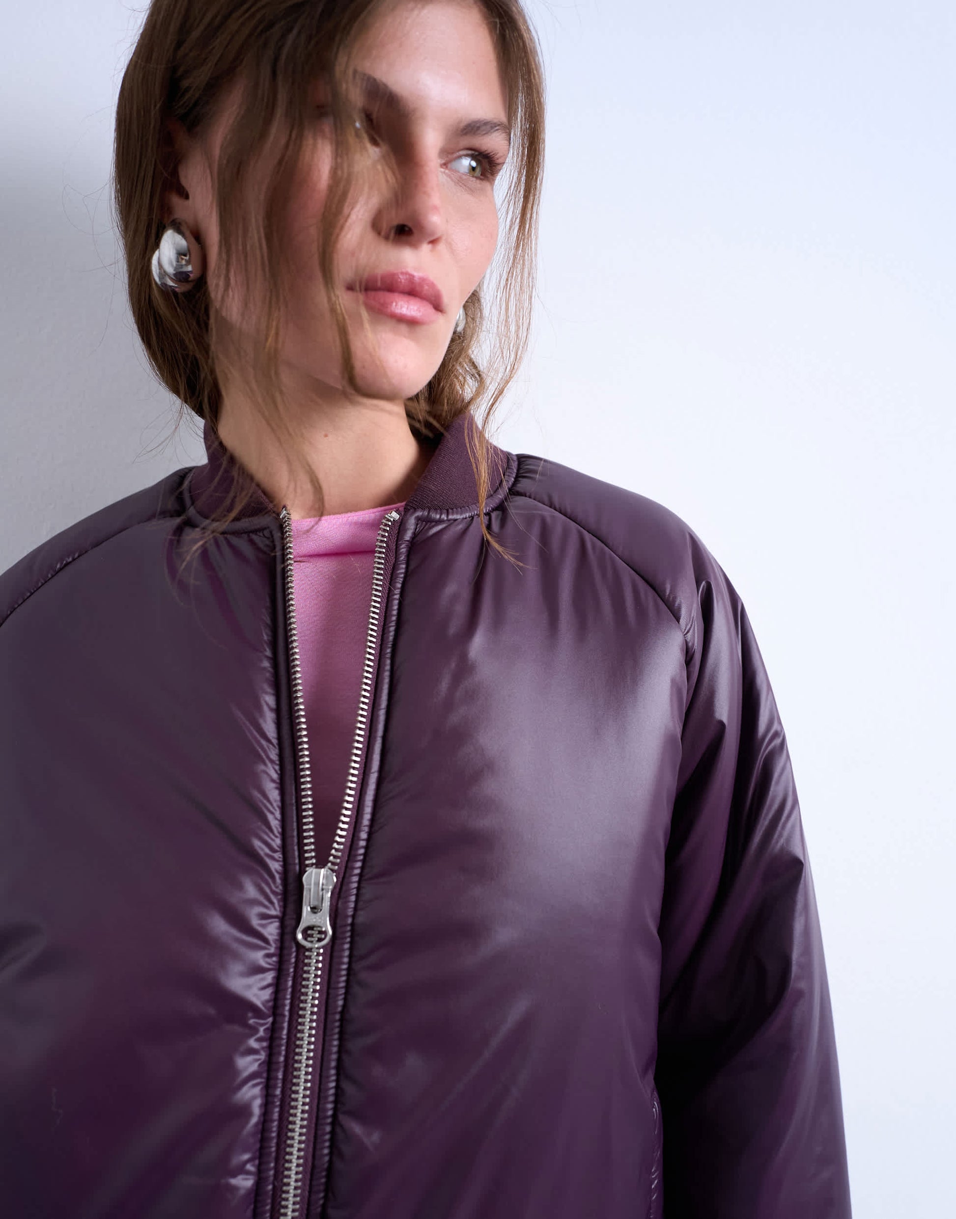 Topshop high shine padded bomber jacket in aubergine