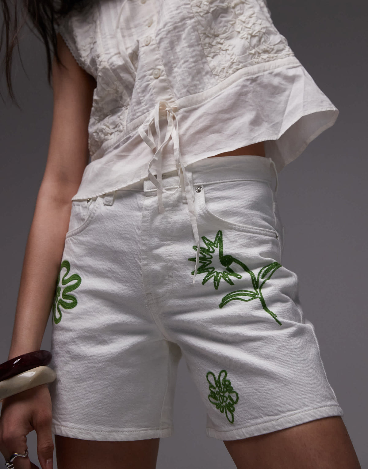 Topshop Editor denim shorts with motif embroidery in off white