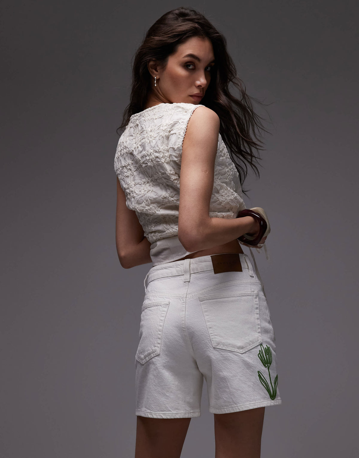 Topshop Editor denim shorts with motif embroidery in off white