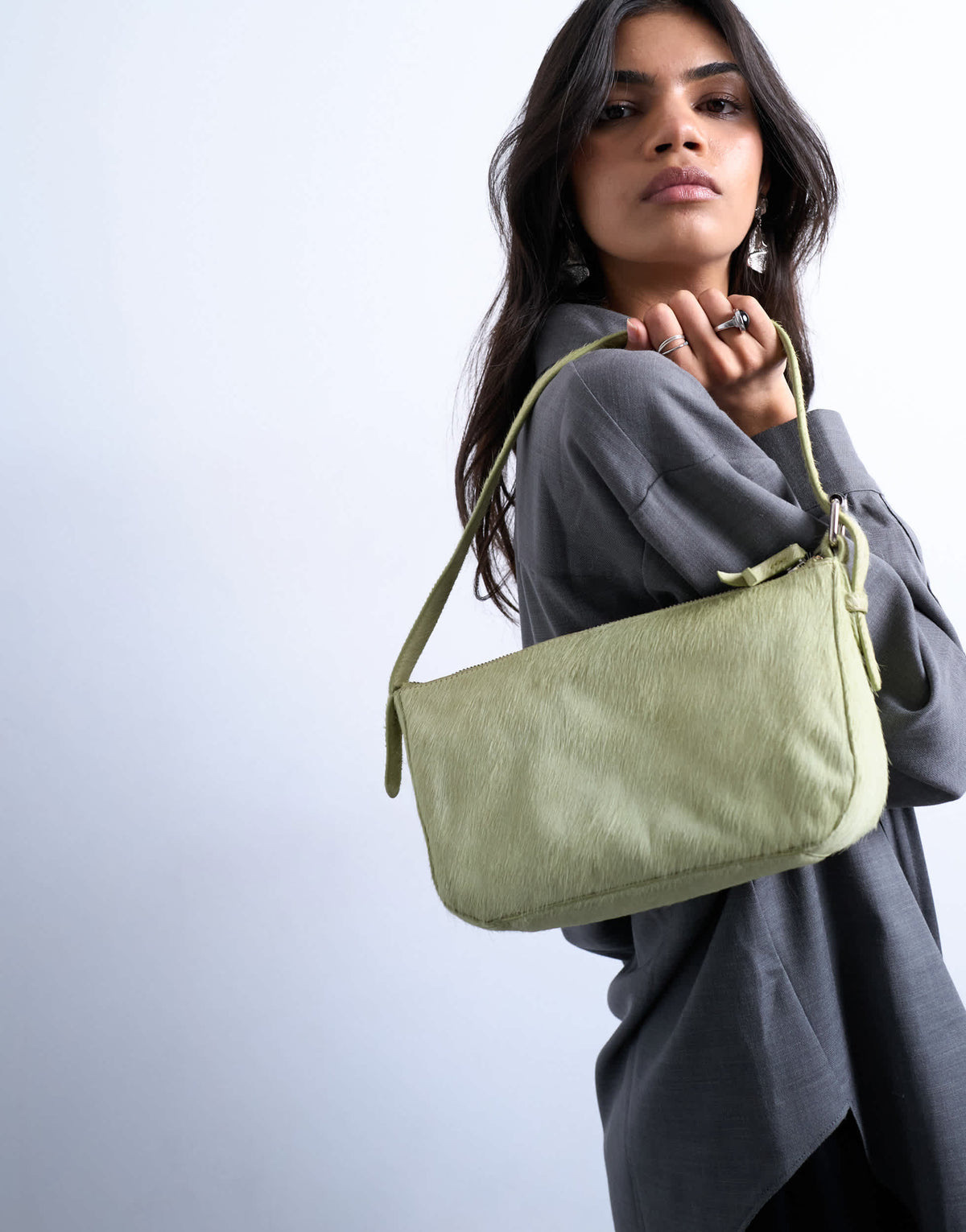 Topshop Stina small hair on real leather shoulder bag in green